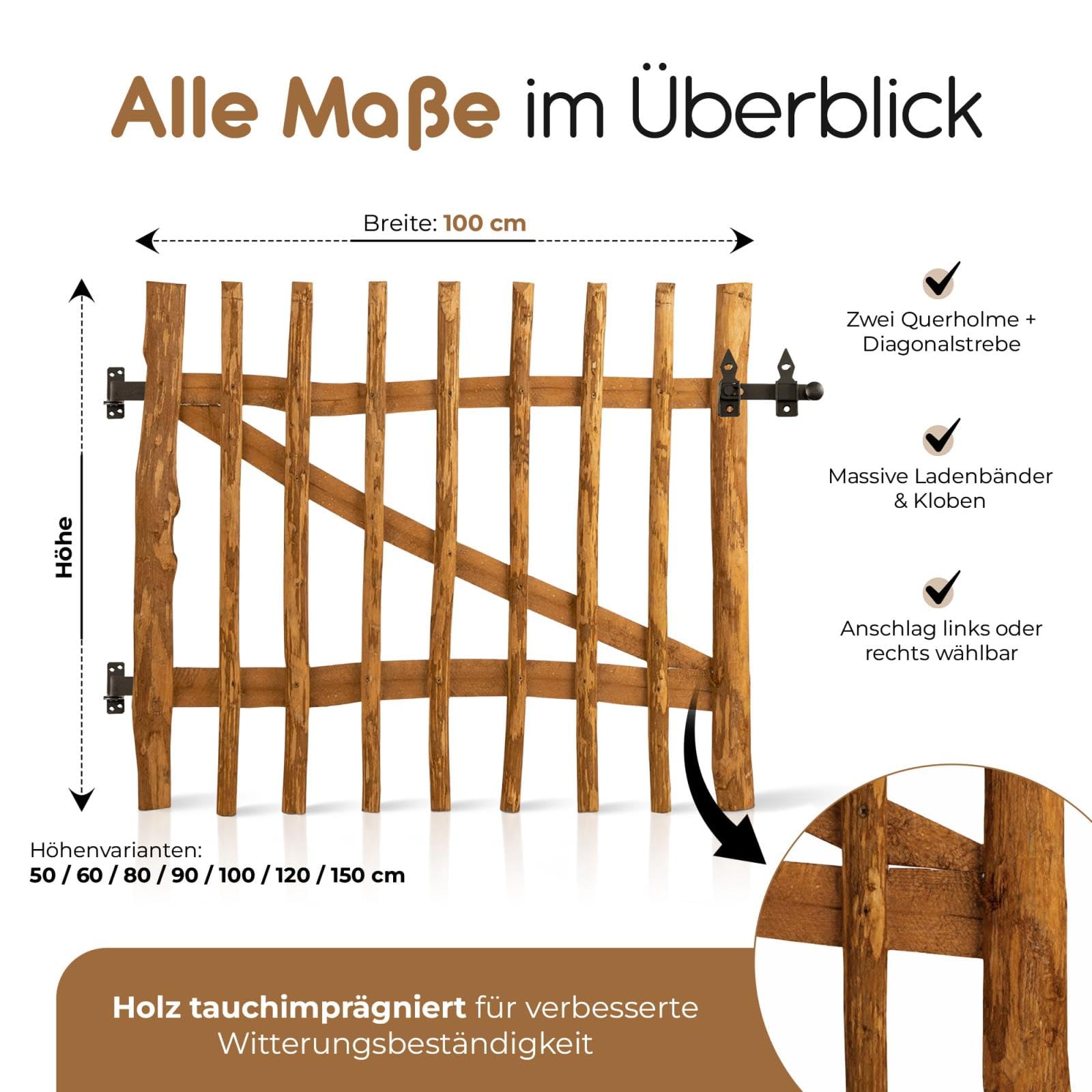 BOOGARDI Gartentor Holz imprägniert in 14 Größen · Garten Tor für Staketenzaun 80 cm hoch · Holztor Haselnuss Bauerntor Zauntor · Gartentür 100 cm breit (7-9cm Lattenabstand)