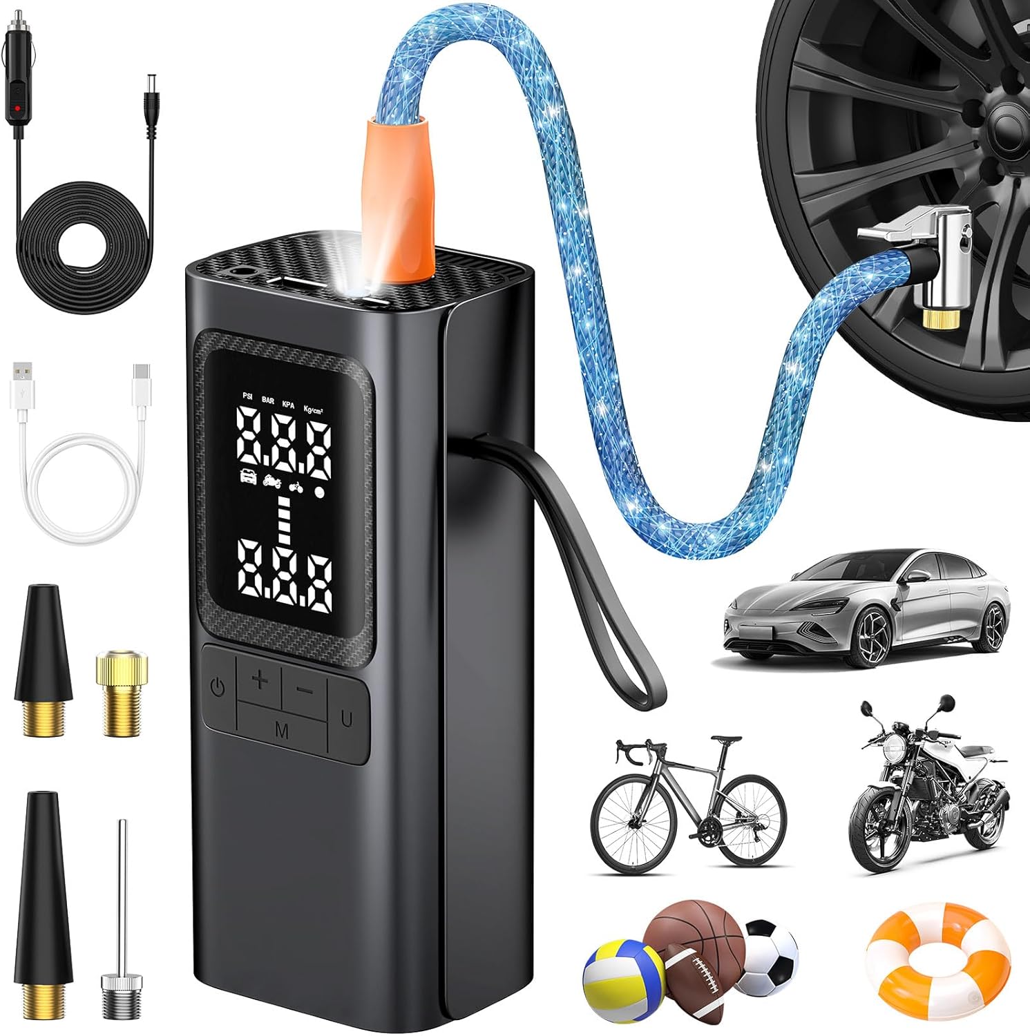 Tire Inflator Portable Air Compressor,150 PSI Cordless and 12V DC Dual Power Mini Tire Pump with Pressure Gauge Digital Display,Auto Shutoff Function & LED Light for Car,Ball,Motorcycle,Bike
