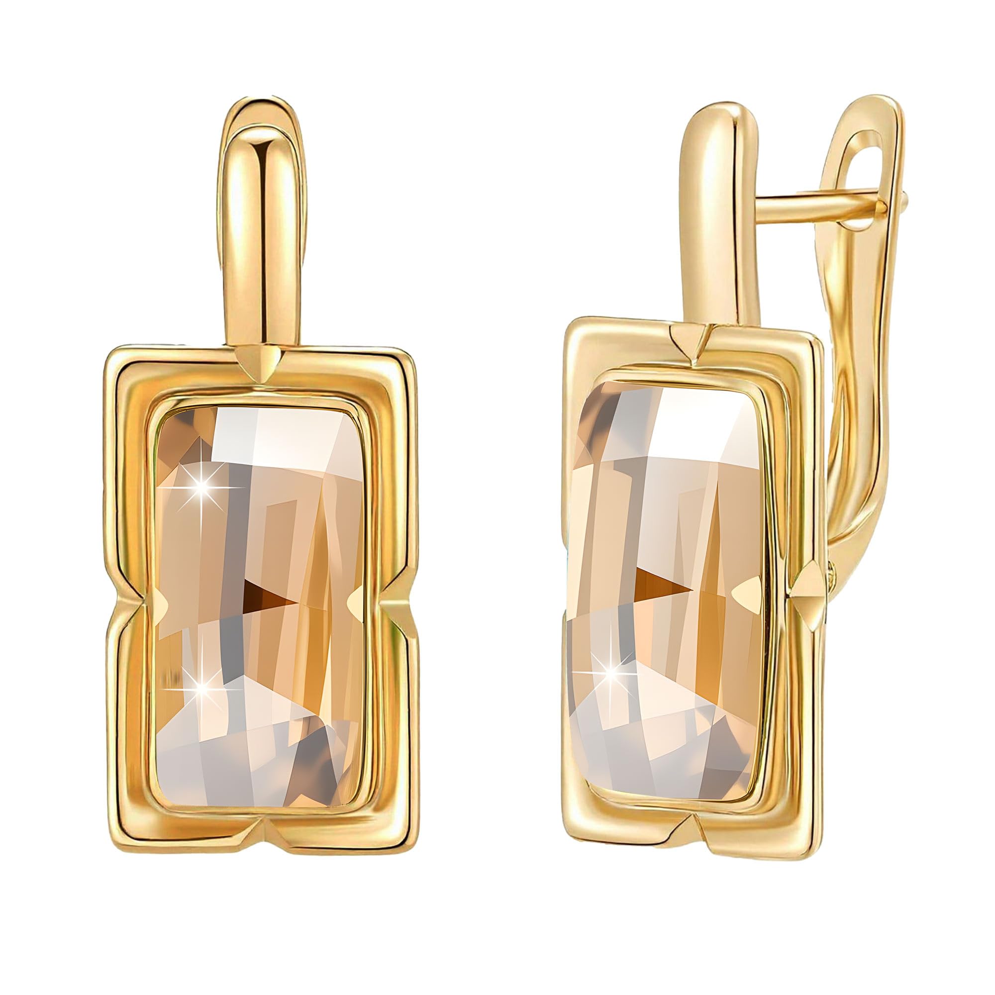EVEVIC Austrian Crystal Leverback Earrings for Women Baguette Crystal Drop Earrings 14K Rose Gold Plated Hypoallergenic Jewelry Gift