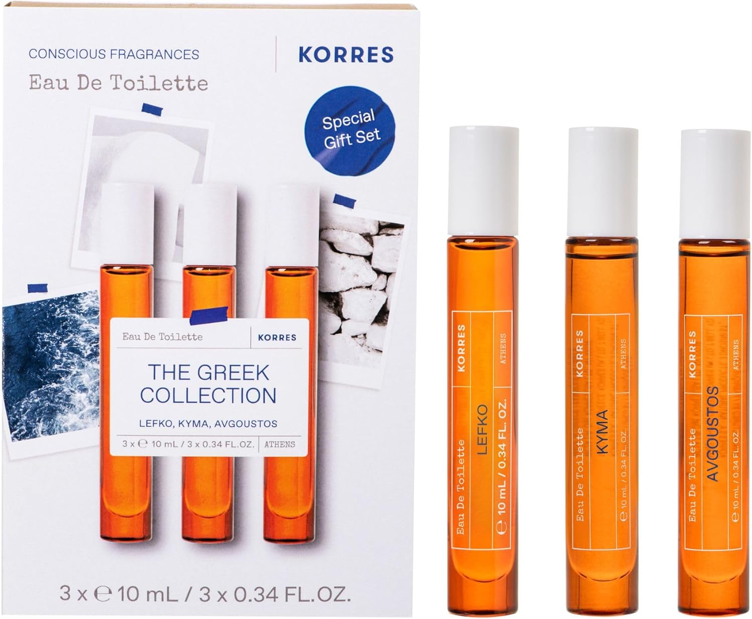 KORRES GREEK SCENTS Eau de Toilettes reisset, uniseks, Griekse roll-on geurset van Kyma, Lefko en Avgoustos, reismaten, veganistisch, 3 x 10 ml