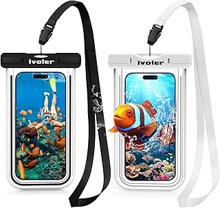 ivoler [Lot de 2 Pochettes Étanches Téléphone, Sacoche Étanche Universel IPX8 avec Bord Fluorescent, Protection Smartphone pour Plage, Piscine, Kayak, jusqu'à 6,9 Pouces - Noir+Blanc