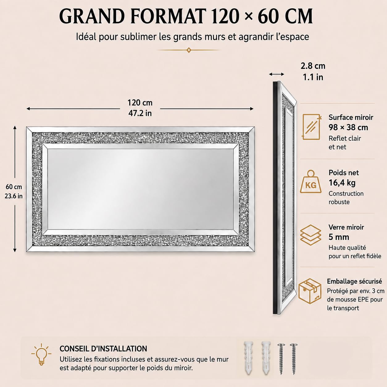 Grand Miroir Mural Salon Rectangulaire 120x60cm Déco Diamant Verre Biseauté
