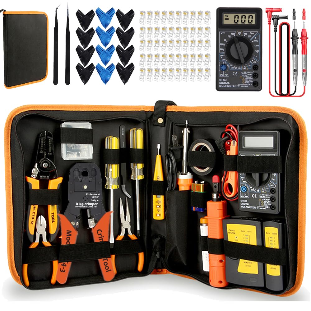 Leatbuy Kit d'outils de sertissage CAT5/CAT6 RJ45 pour RJ11/RJ12 50 connecteurs 50 pièces pour câbles réseau, pince coupante (orange)