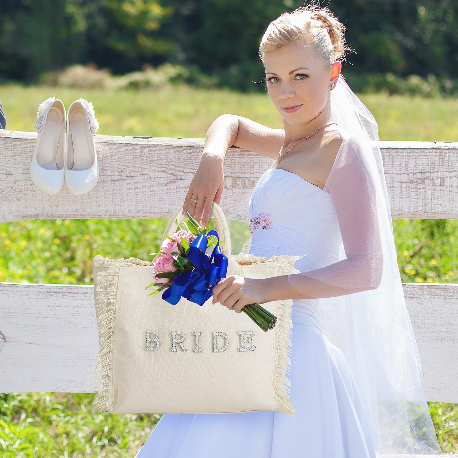 Bolsa de mano para regalos de novia en la playa, regalo grande de despedida de soltera, con perlas y diamantes de imitación, para compromiso, despedida de soltera, Beige 6