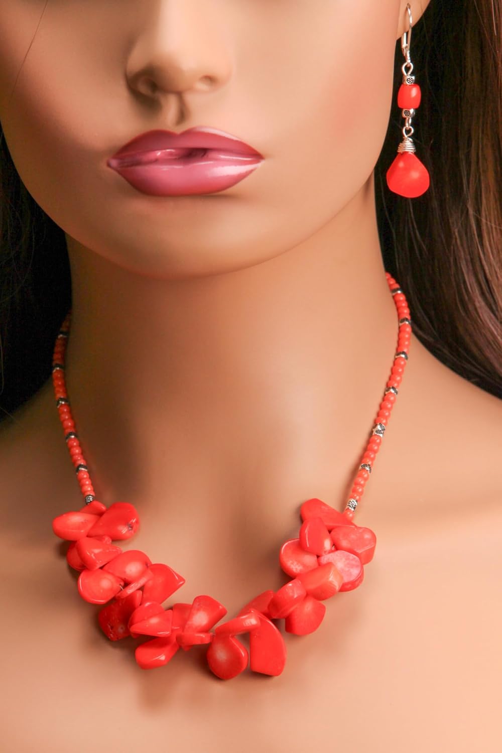 Genuine Bamboo Salmon Pink coral Pear drop, drum shape Bali style handmade necklace, Leverback earring set,17" + 4" extension, vintage gift