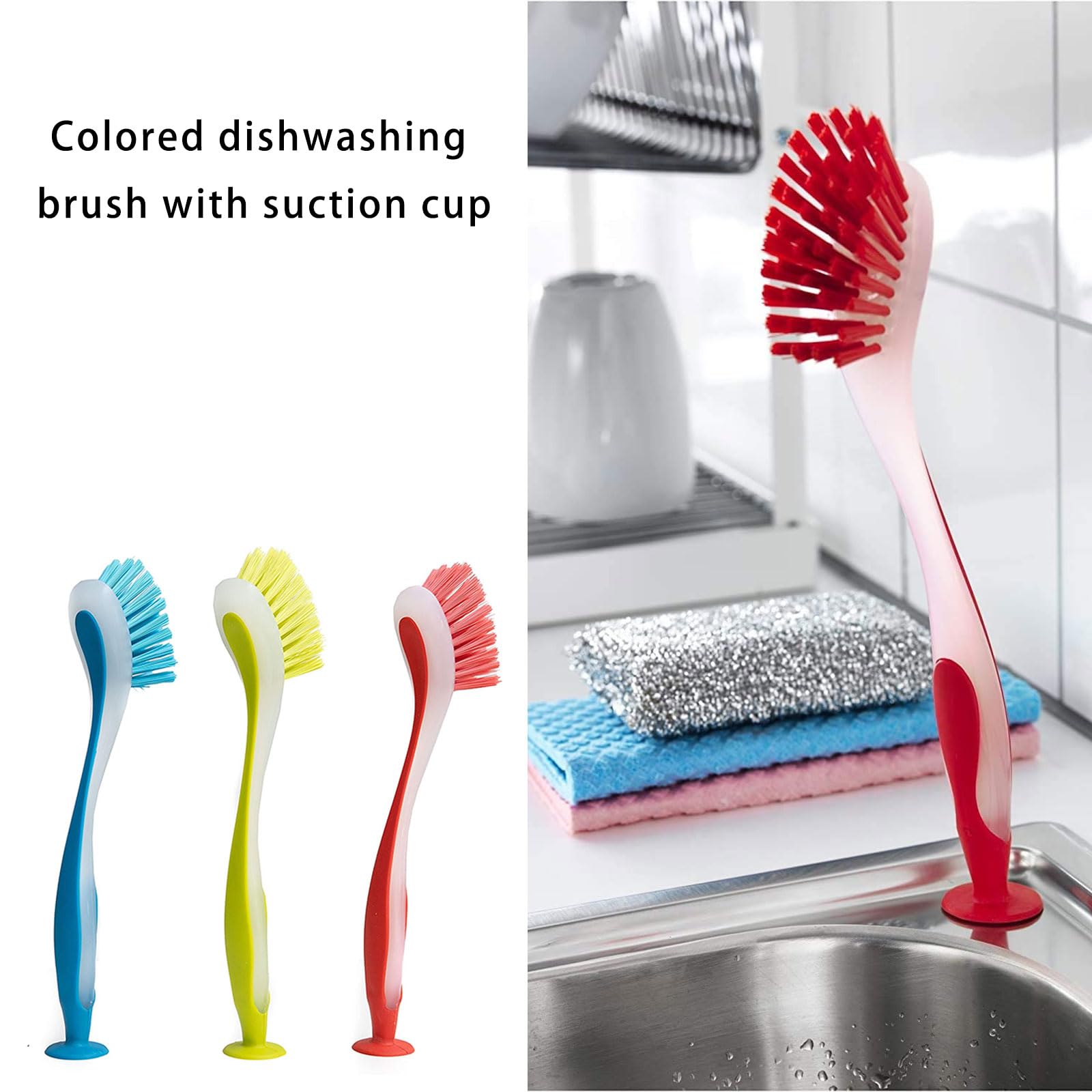 Set di 3 spazzole abrasive da cucina con base a ventosa, manico lungo ed ergonomico, colori assortiti per lavare i piatti, con ventosa