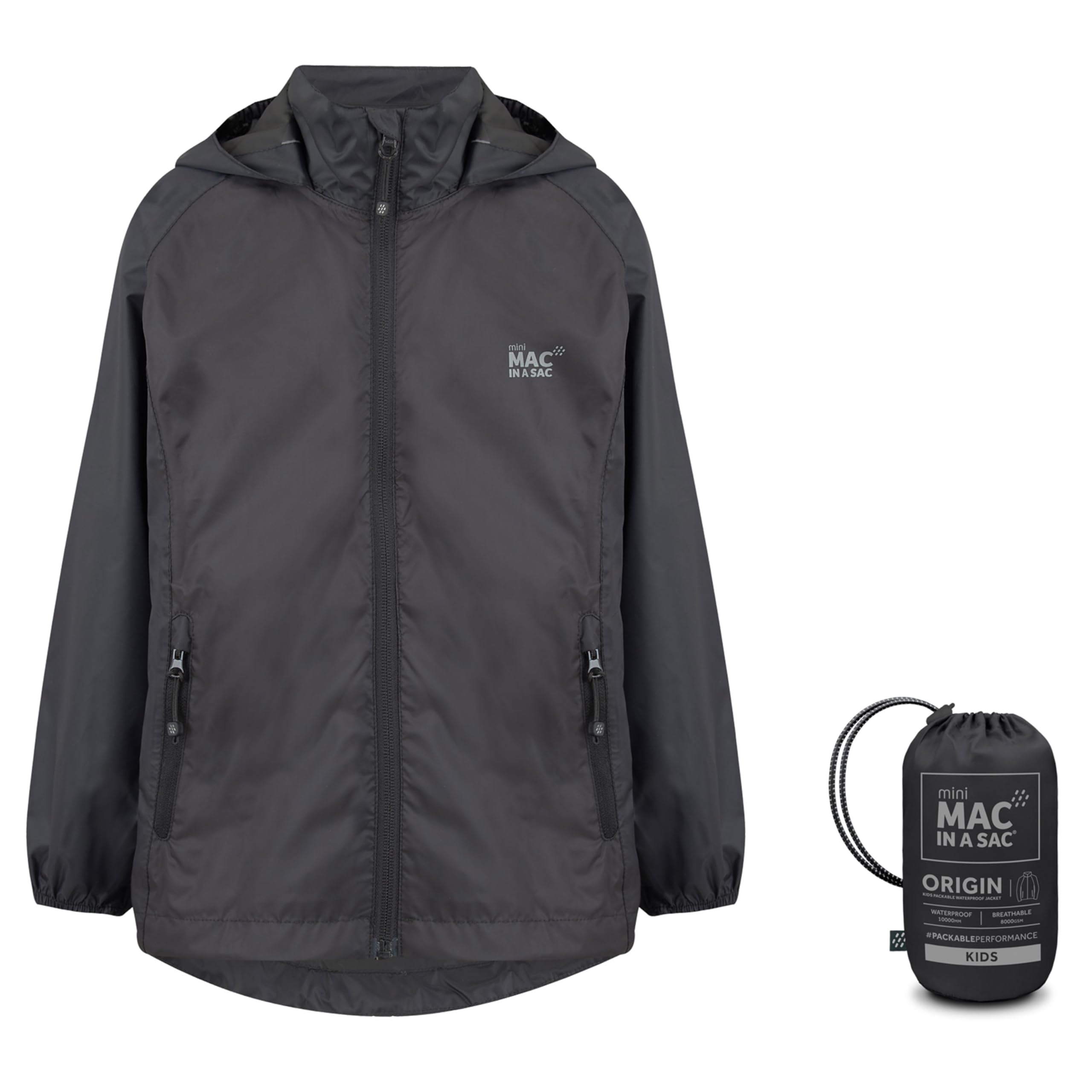 Mac In A Sac Jet Black Origin Kids Waterproof Jacket - 2-4 Years
