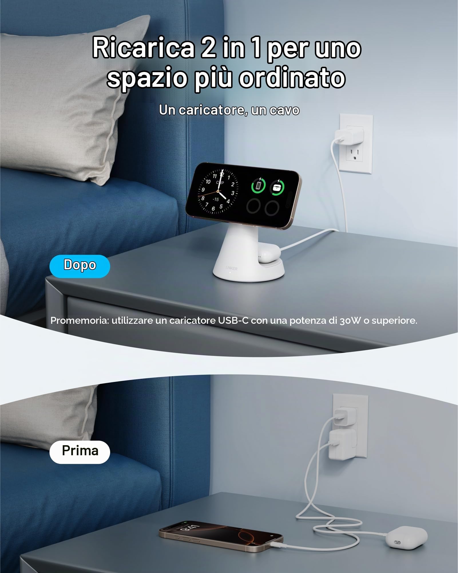 Anker MagGo Caricatore Wireless iphone Stazione di Ricarica 2 in 1 15W, Certificato Qi2 MagSafe da 15W, Regolabile e Resistente, per iPhone 17 Pro Max Air/Serie 16-12 e Altro (Adattatore non Incluso)