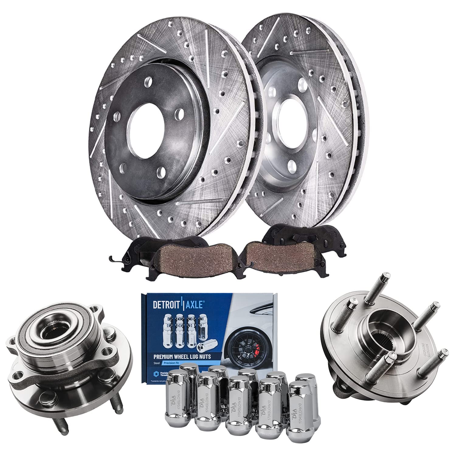 Detroit Axle - Front Drilled Rotors Brake Pads Wheel Hubs + 10pc Wheel Lug