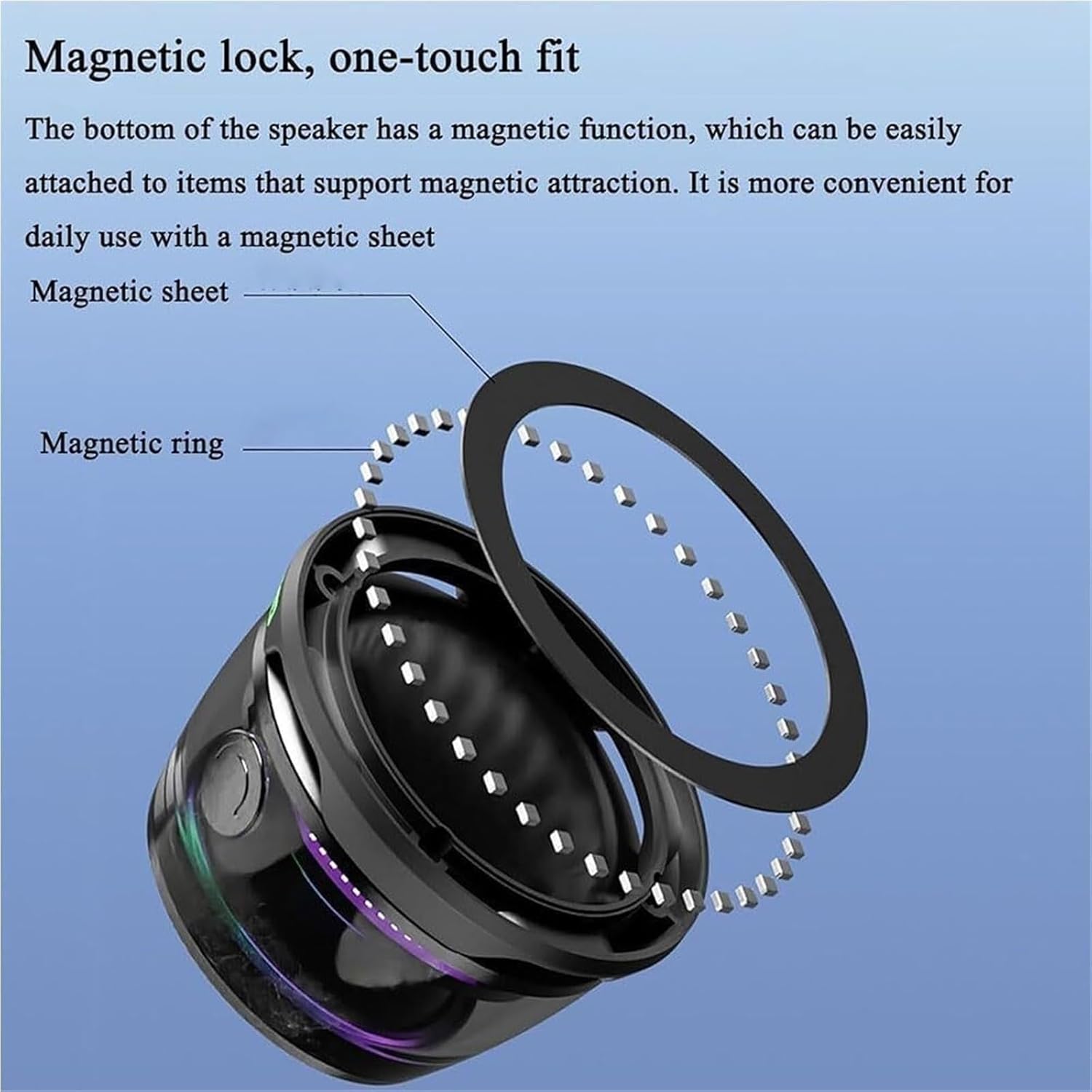 Diagram illustrating the magnetic base of the G200 speaker and how a separate magnetic ring can be used to enable attachment to non-magnetic surfaces.