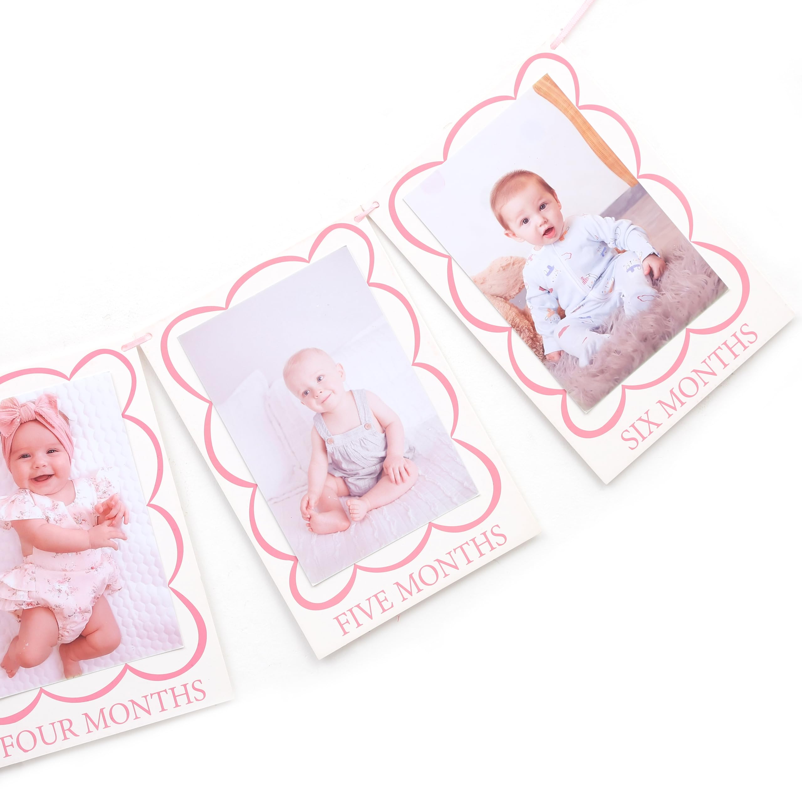 Pink 1 To 12 Months Photo Banner - Girls Sweet One Birthday Decorations,Scallop Shaped Monthly Photo Banner,Newborn First Year Milestone Photo Display