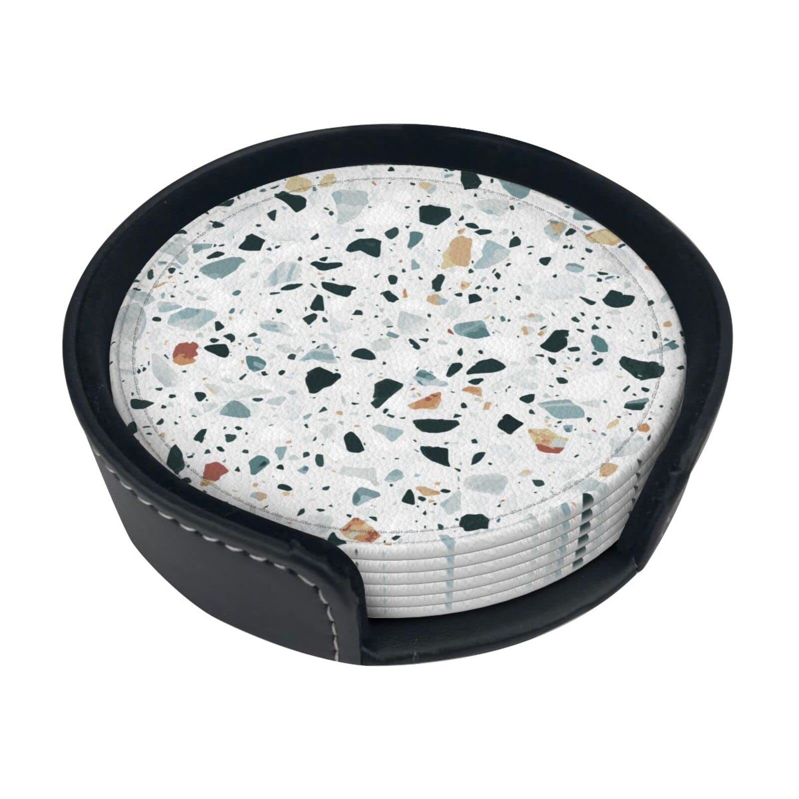 Alteko Terrazzo Marble Pastel Coasters Set Of 6 Print Leather Coasters For Drinks,Home Décor And Housewarming Gift