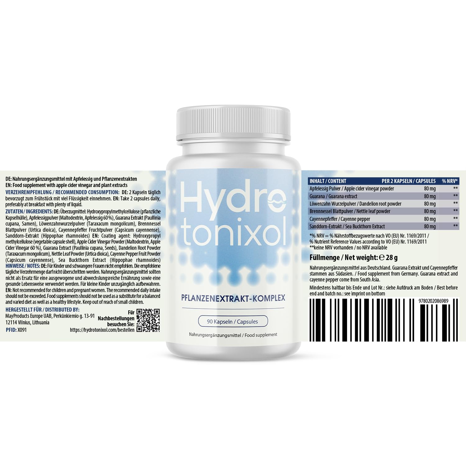 HydroTonixol Kapseln | Pflanzenextrakt Komplex mit Apfelessig & Guarana | einfache Einnahme | 6x90 Kapseln
