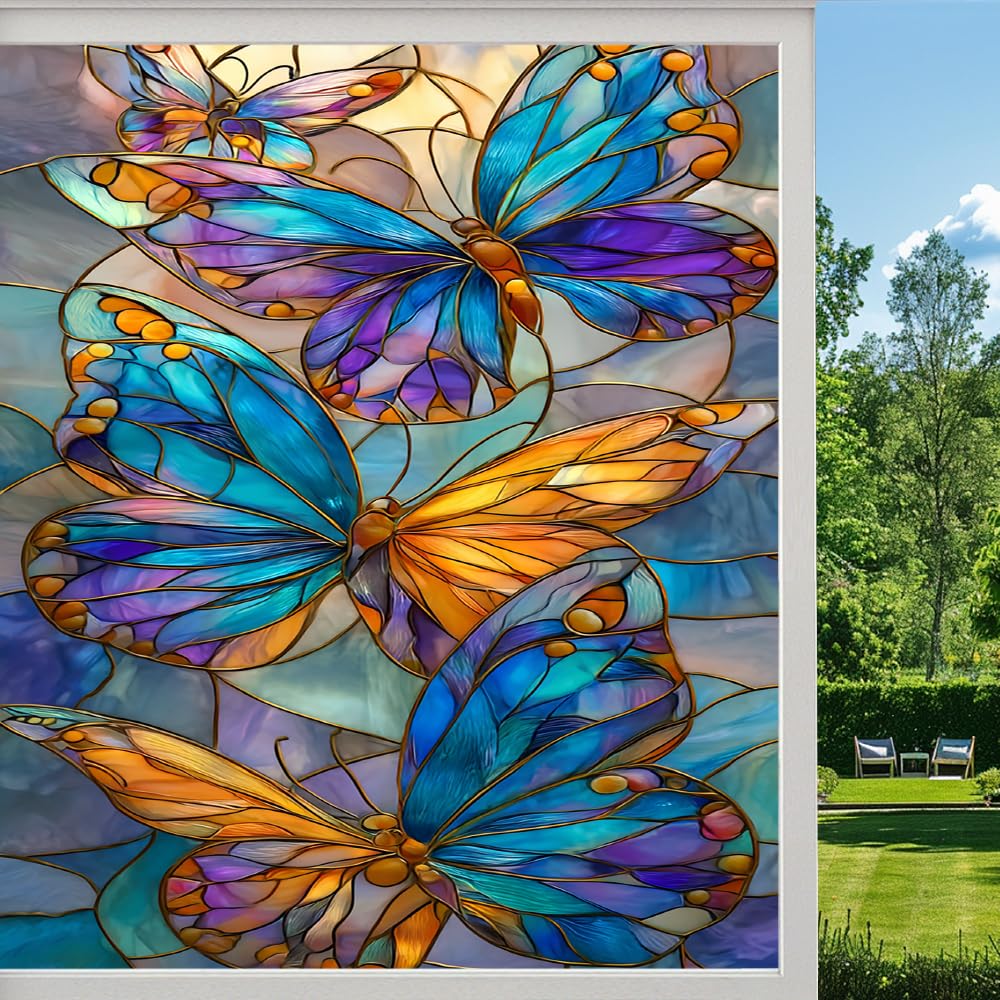 Pmlbaous Dreamy Butterflies Stained Glass Window Film, Retro Butterfly Colorful Peel And Stick Privacy Film, Frosted Adhesive Vinyl Decorative For Bathroom Windows Glass Doors, （80X120cm）