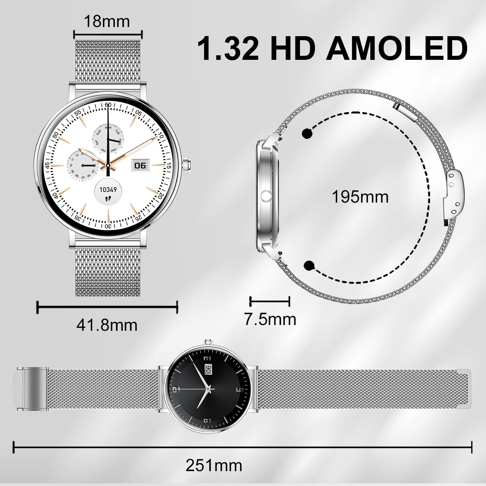 Smartwatch Donna Uomo 2026 Durata Piu Giorni 1.32Amoled Rotondo Digitale Ultrasottile Elegante Impermeabile Notifica App Esercizio Fitness Chiamata Bluetooth Compatibile Android e Ios (Argento)