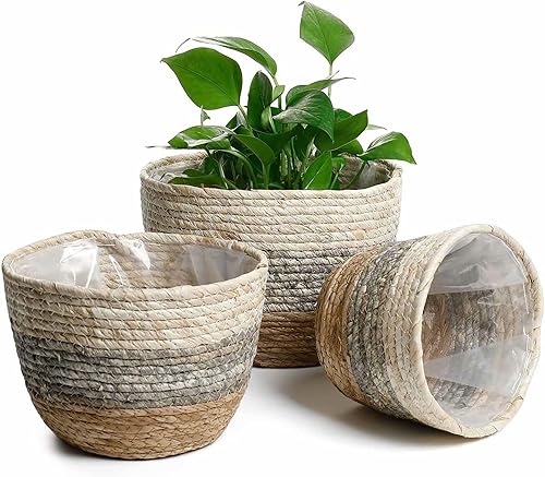 Miniatura 1 de Seagrass  Cesta de almacenamiento hecha a mano para interiores y exteriores, cesta de almacenamiento con forro de plástico impermeable para plantas