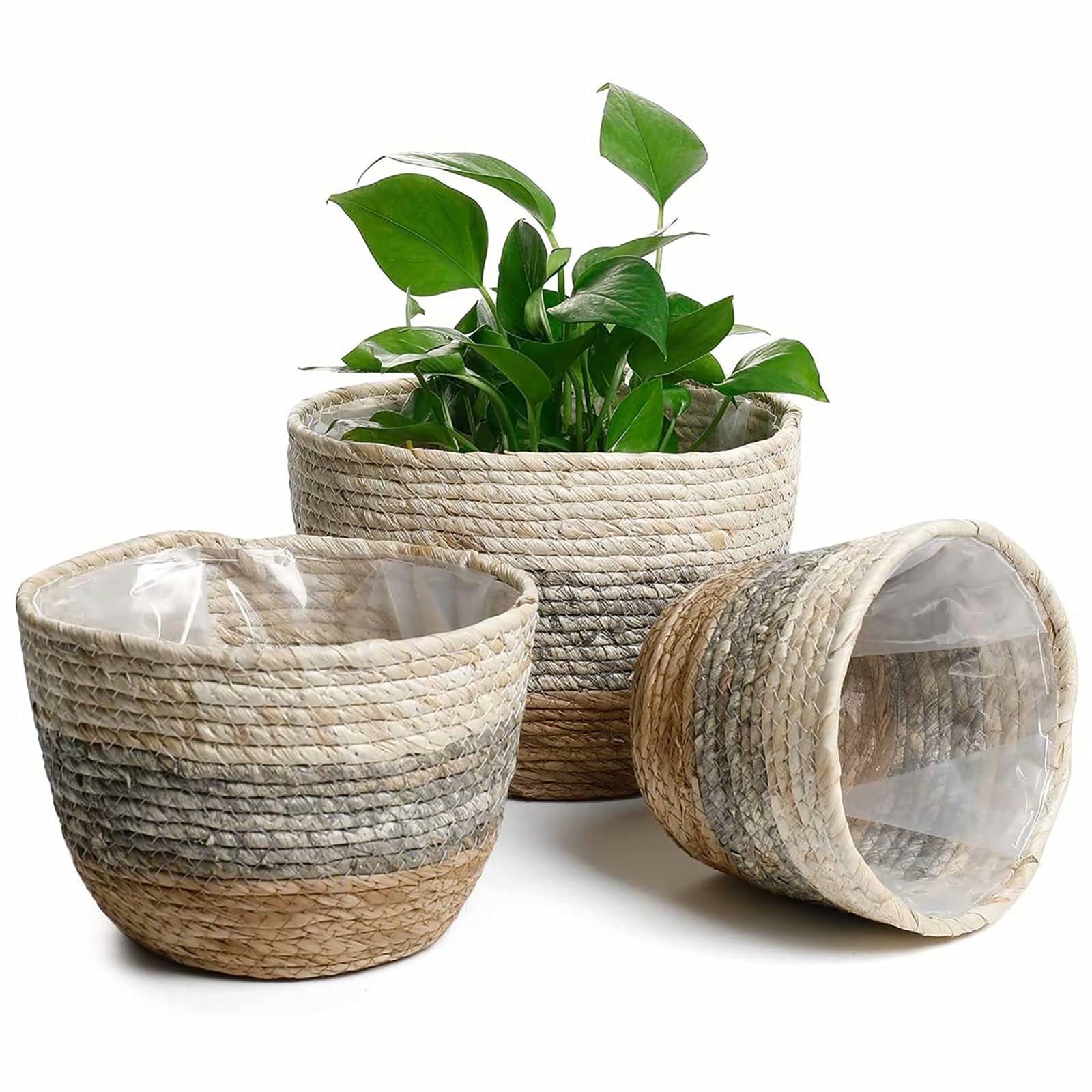 Seagrass Planter Basket 3 Set Handmade Woven Basket Indoor Outdoor Storage Basket Flower pot Container with Waterproof Plastic Liner for Houseplants Succulents Orchid Modern Home Decor White Grey