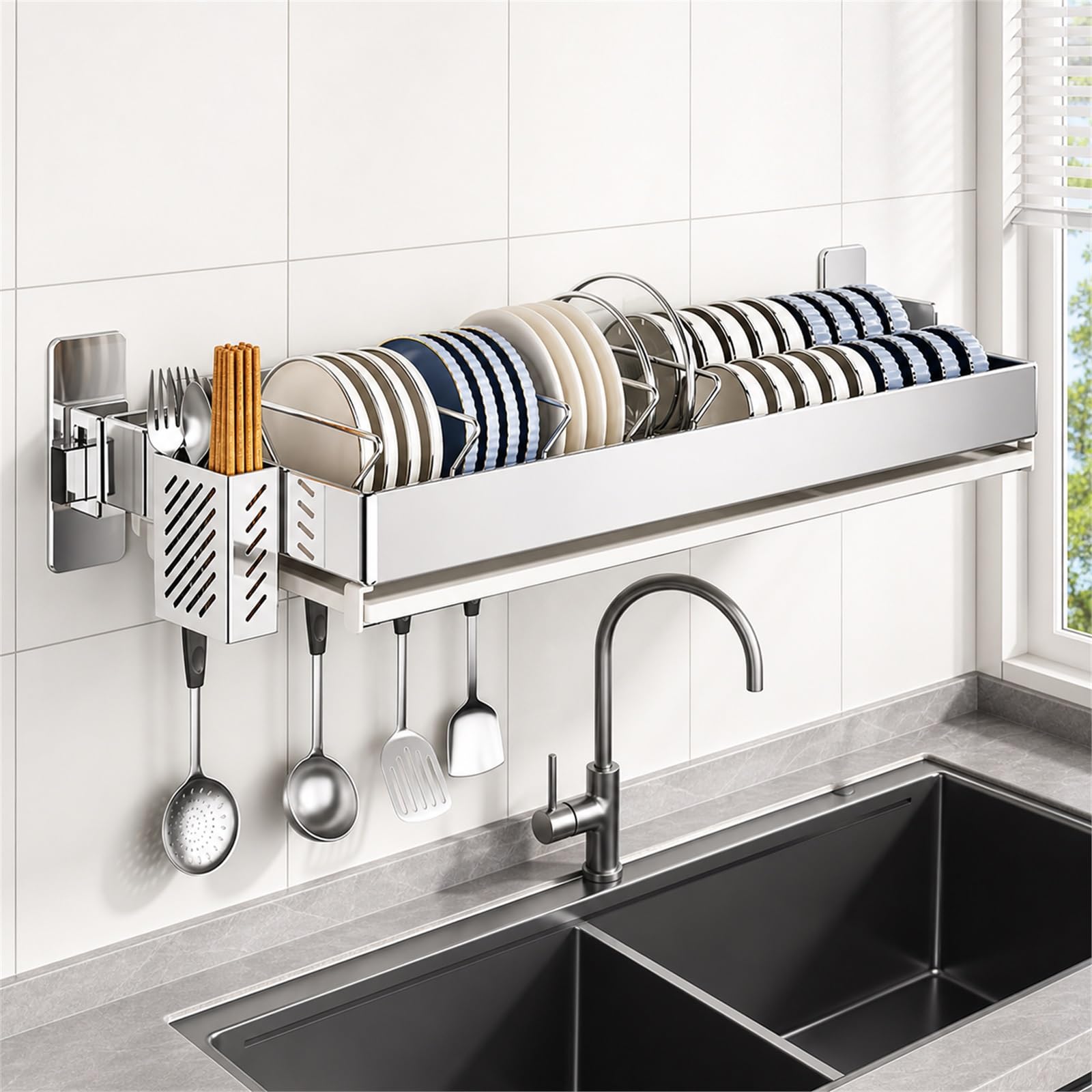 Escurreplatos sobre Fregadero,Escurridor De Platos Colgante De Pared,Secaplatos Cocina PequeñO,FáCil De Instalar,Puede Contener Cubiertos,Platos PequeñOs Y Tazas