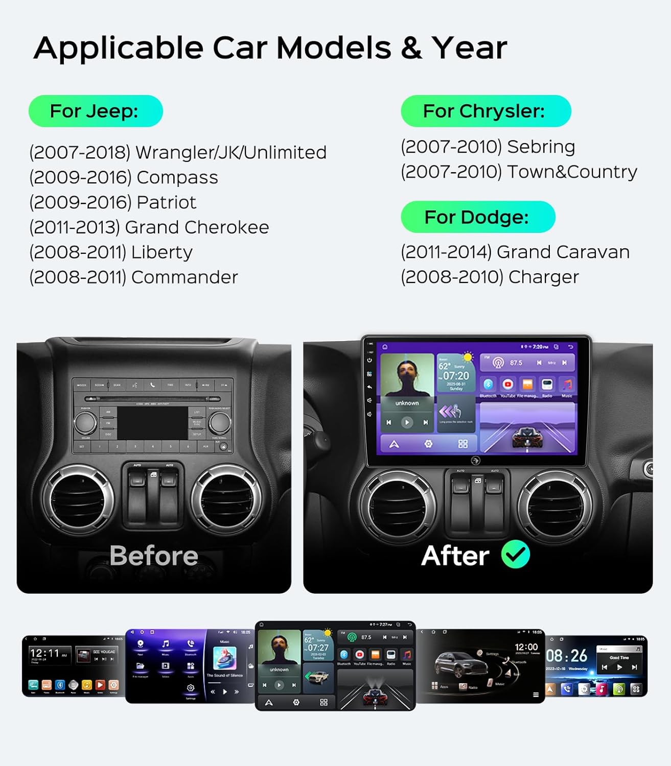 Car Radio Stereo for Jeep Wrangler JK Compass Grand Cherokee Dodge Ram 2009-2012 with Wireless CarPlay/Android Auto/Touch Screen/Android 13/GPS Navigation/HD Backup Camera (4 Cores 10“ 4+64G)