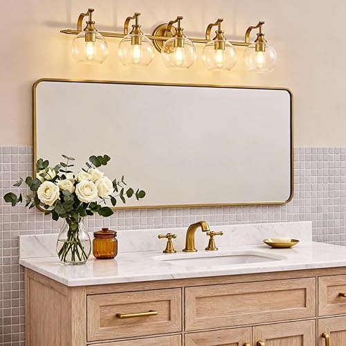 Miniatura 3 de ANDY STAR Lámparas de baño de oro cepillado, 5 luces de tocador para espejo, apliques de pared modernos de 35 pulgadas con globo transparente de
