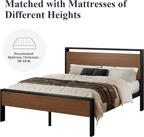 Miniatura 7 de Allewie Base de cama de plataforma tamaño Queen con cabecera y pie de cama de madera, soporte de 12 listones de metal resistente, no necesita