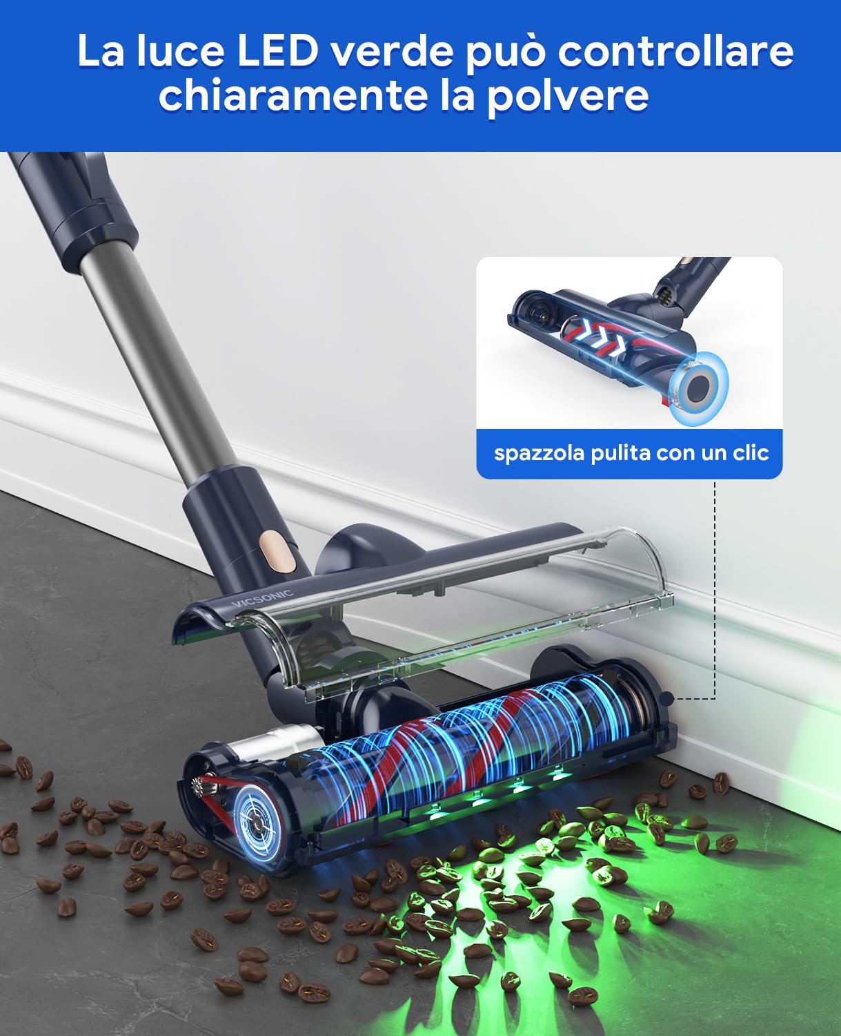 VICSONIC Aspirapolvere Senza Fili, 550W 45KPa Scopa Elettrica Senza Fili Potente, 8-in-1 Scopa Senza Fili 65 Minuti di Autonomia, Smart Touch Display, 180° Pieghevole, 4 Livelli di Potenza (Blu)