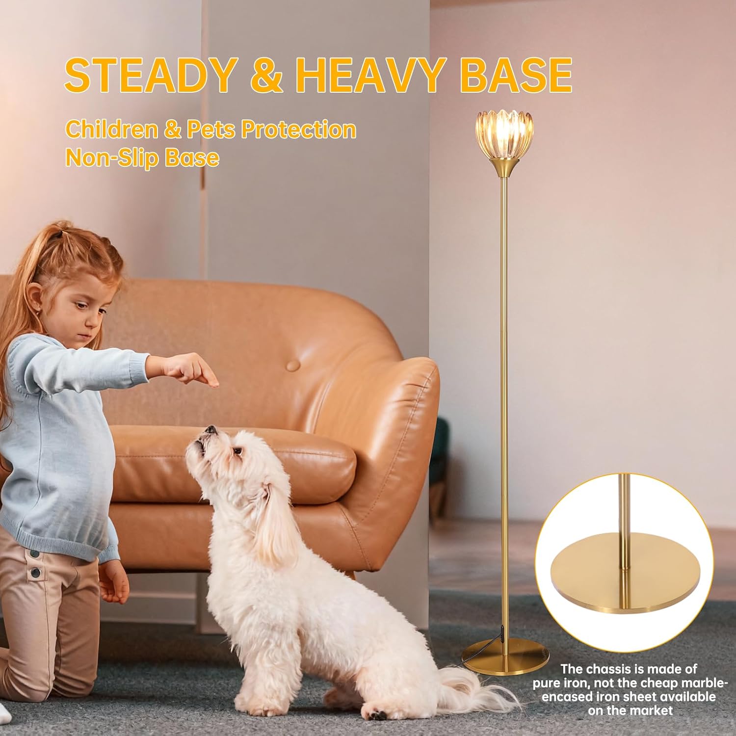 Floor Lamps for Living Room, Bedroom, Gold Standing Lamp with 12W Bulb, Vintage Floor Lamp for Reading, Nursery, Corner (Amber Tulip)