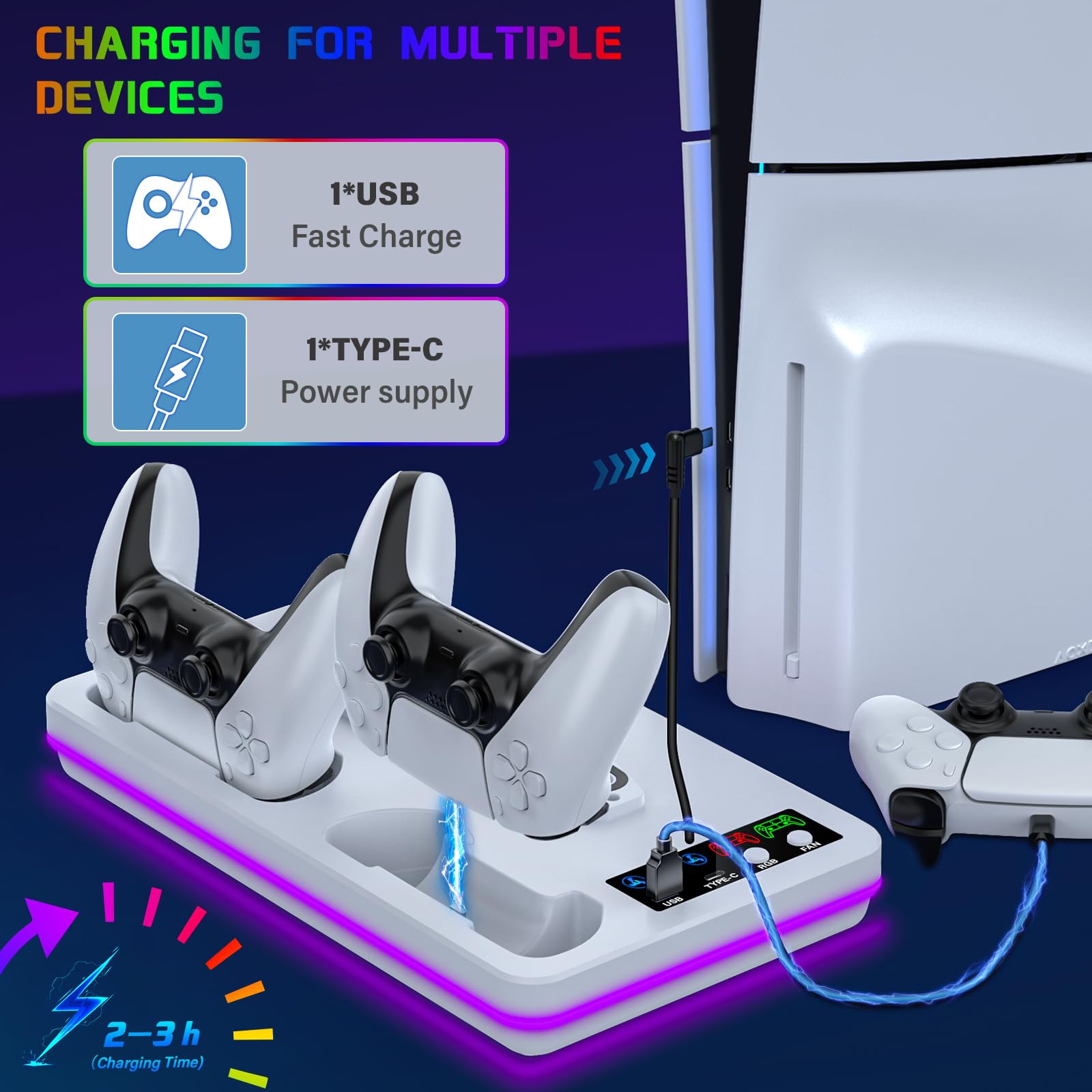Estación de refrigeración para PS5 Slim Stand, Dual PS5 Controller Charger Station para consola Playstation 5, ventilador de refrigeración de 3 niveles para PS5 Slim Disc/PS5 Disc y digital, soporte