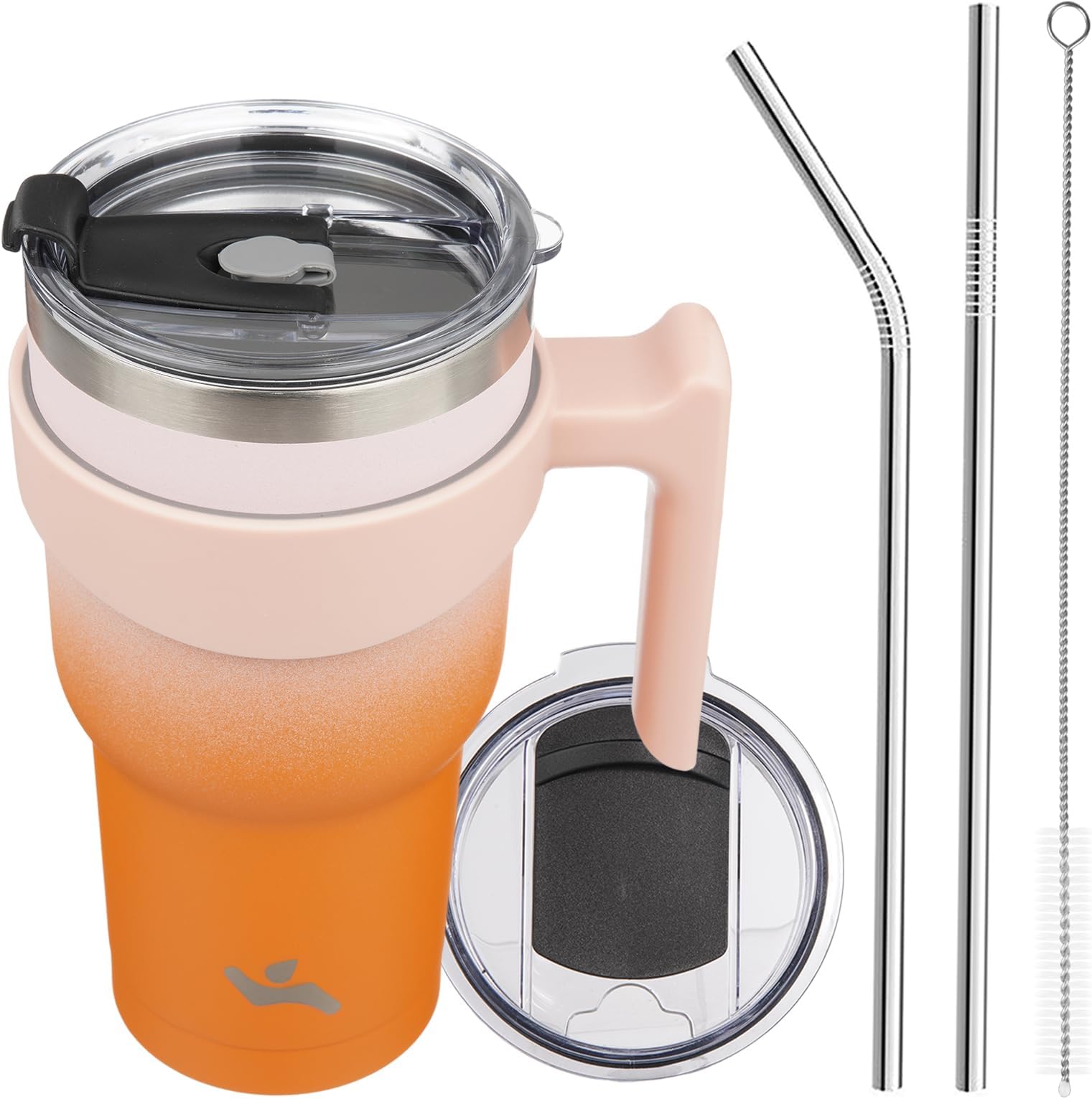 Konokyo 30 oz Tumbler with Handle and 2 Straw 2 Lid, Insulated Water Bottle Stainless Steel Vacuum Cup Reusable Travel Mug,Coral