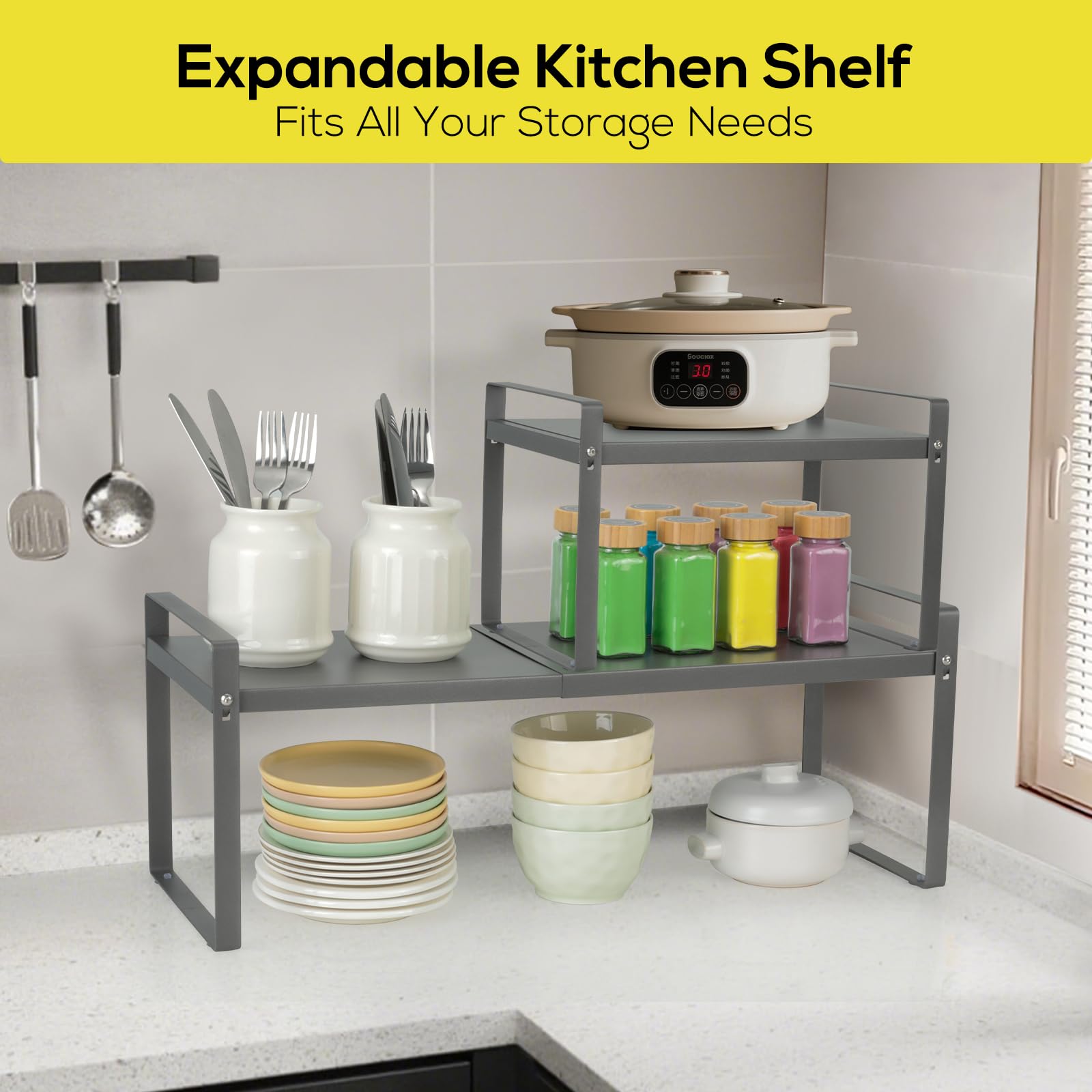 VINATO Mensola Cucina Regolabile (37-62 cm) – Scaffale Salvaspazio, Organizer Cucina Modulabile per Spezie, Barattoli, Libri