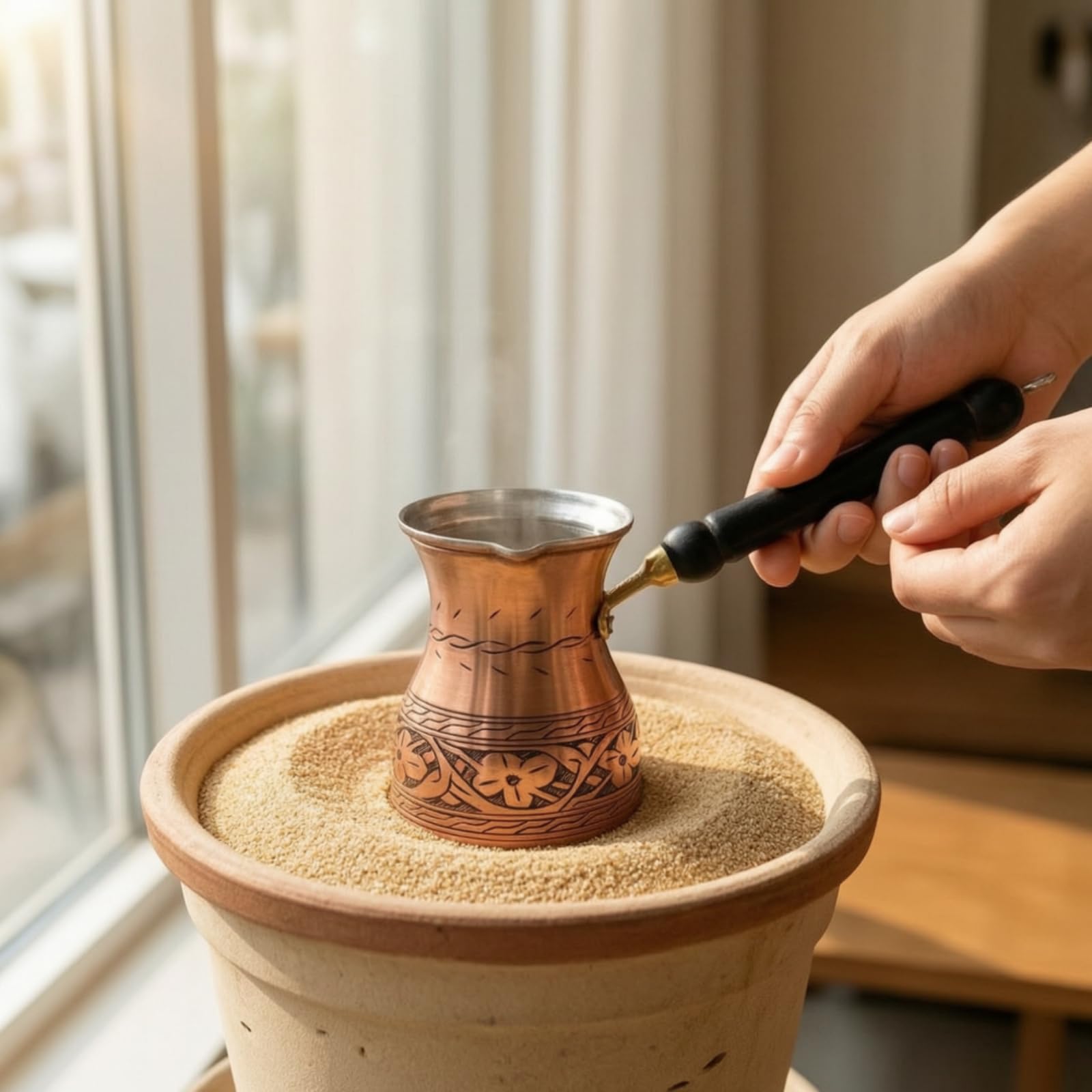 perfk per Caffè Turco Pentolino I Artigianale in Rame Puro con Motivi Incisi E Manico Ergonomico in Legno per Preparazione su Sabbia O Fornello Adatto per, Silver, 330ML