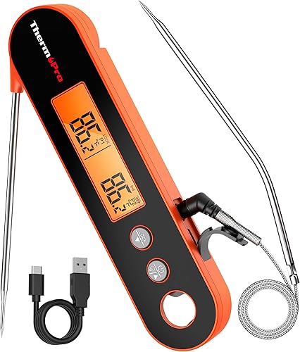 ThermoPro Termómetro de carne con alarma de 2 sondas, termómetro recargable de lectura instantánea para alimentos, pantalla LCD giratoria,
