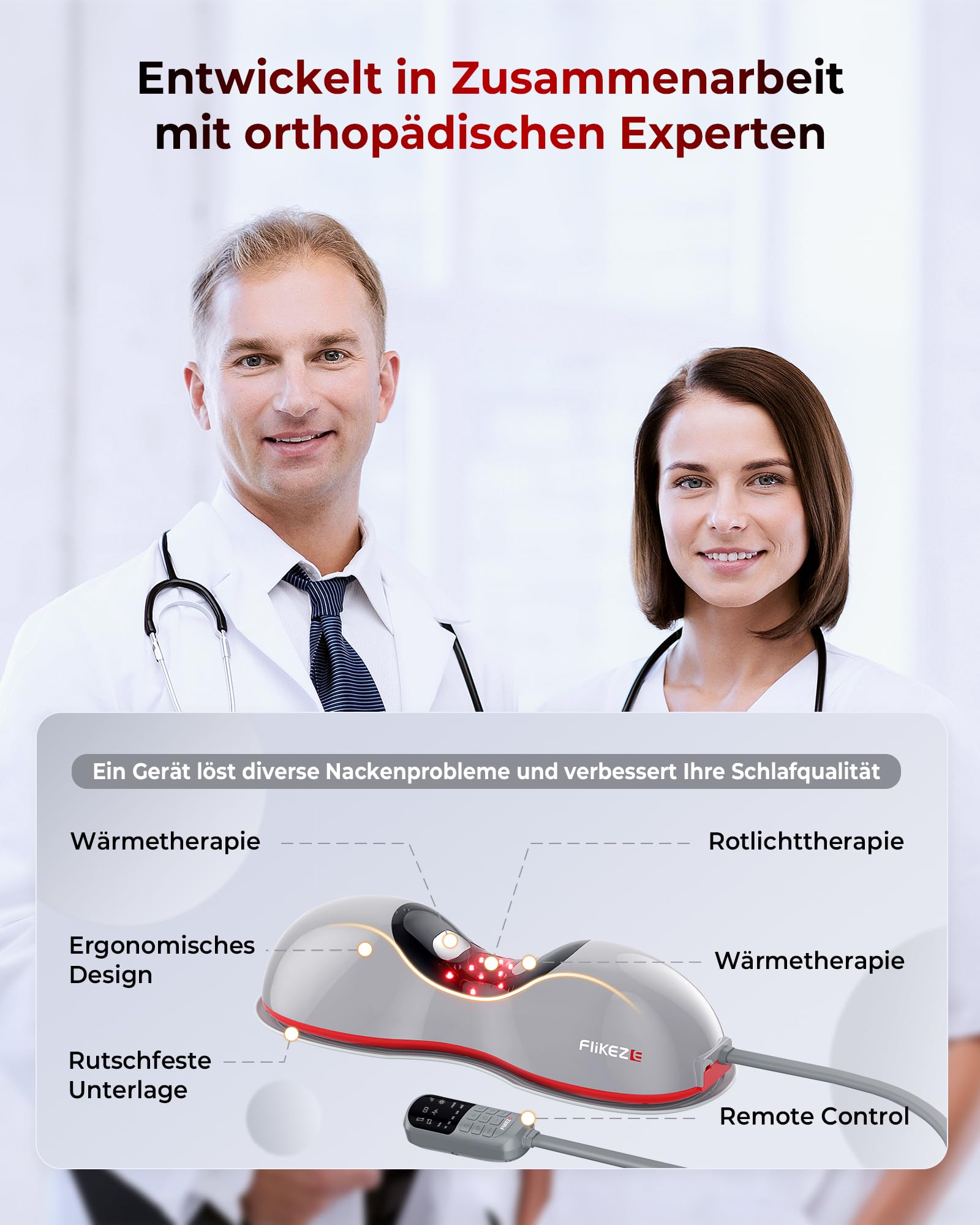 Flikeze Beheizter Nackenstrecker mit Rotlichttherapie, kabelloses Nacken traktionsgerät zur Linderung von Nackenschmerzen und zur Schulterentspannung, Nackenmassagegerät für Zuhause und Büro