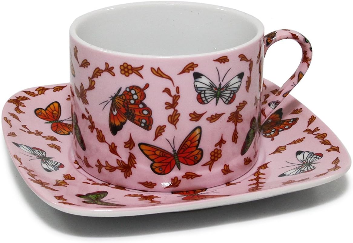 BohemianGifts Classic Coffee and Tea Butterfly Decor Cups and Saucers Set of 6