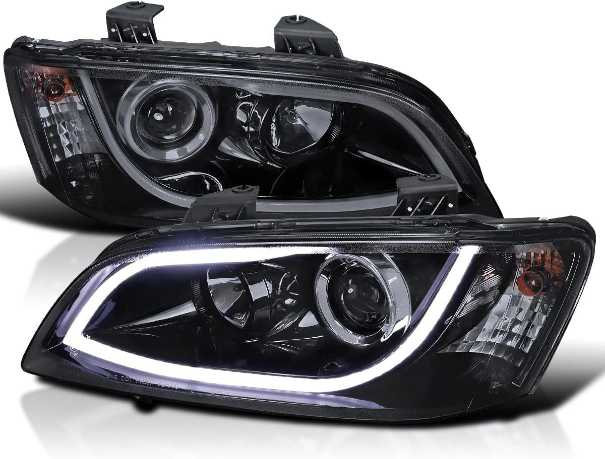 SPEC-D TUNING LED Strip Light Bar Black Smoke Projector Headlights Compatible with 2008-2009 Pontiac G8, Left + Right Pair Headlamps Assembly