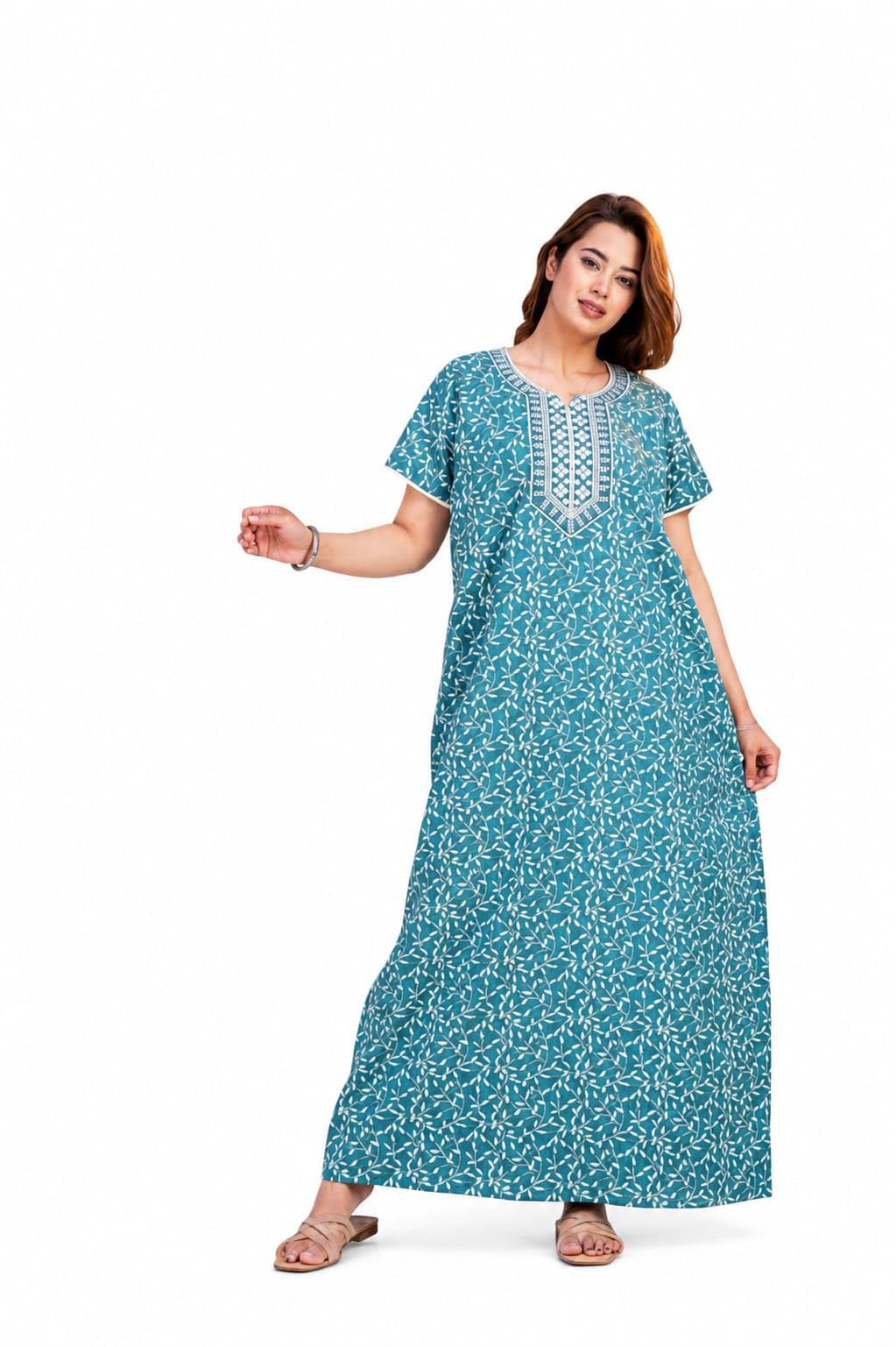 mik & misha Women's Pure Cotton Maxi Nighty, Aqua, Block Print, Rajasthani Jaipuri Style (Free Size)-picture-23