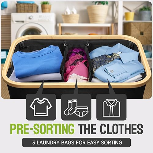 Miniatura 2 de Zomhusea Cesta de lavandería con tapa de 160 L, cesta grande para la ropa sucia, 3 secciones con bolsas de lavandería extraíbles, cesta plegable