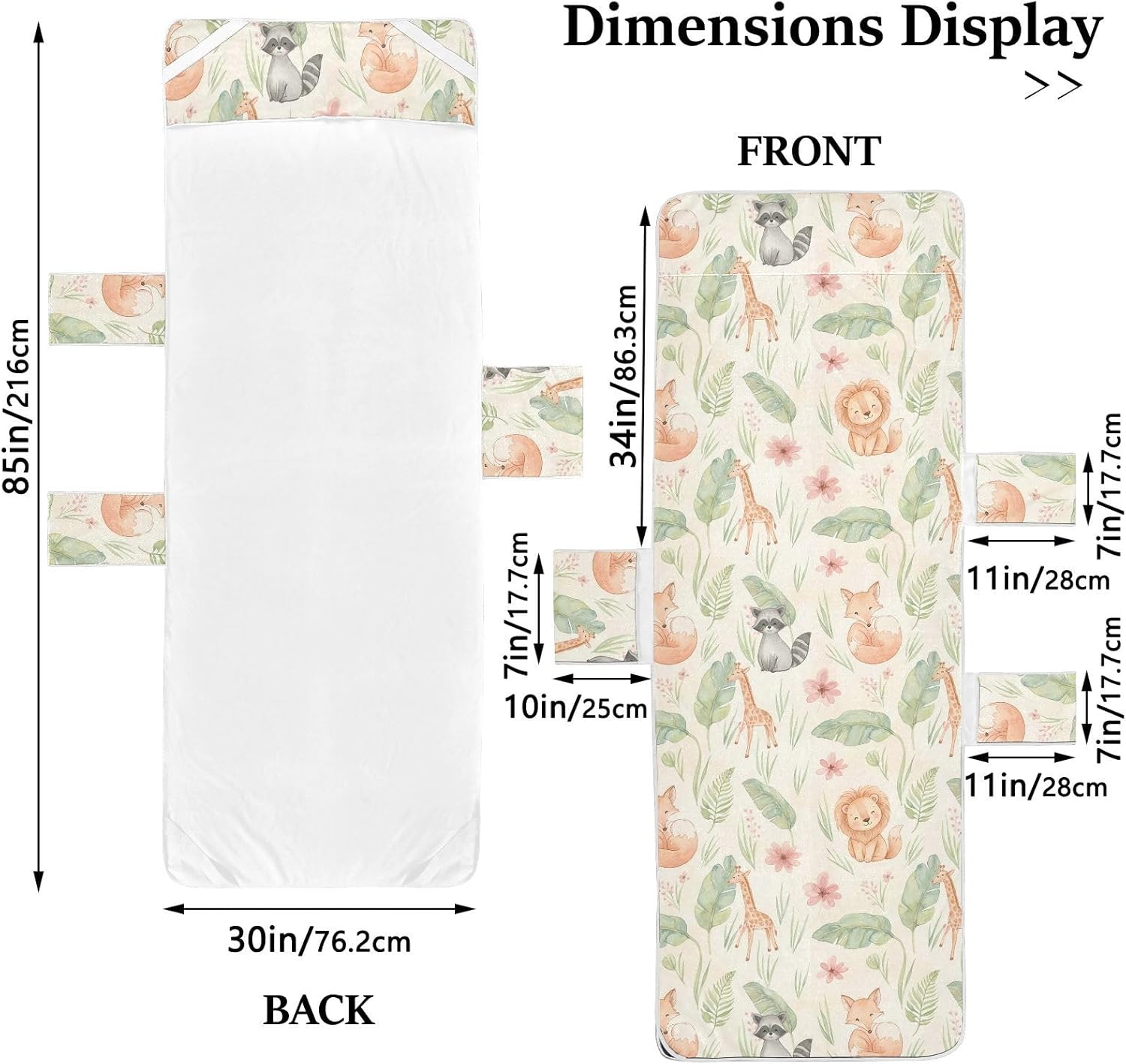 Cute Animals Lounge Chair Towel Cover with Side Pockets – 85x30in Foldable Chaise Cover for Beach, Pool, Patio, Spa