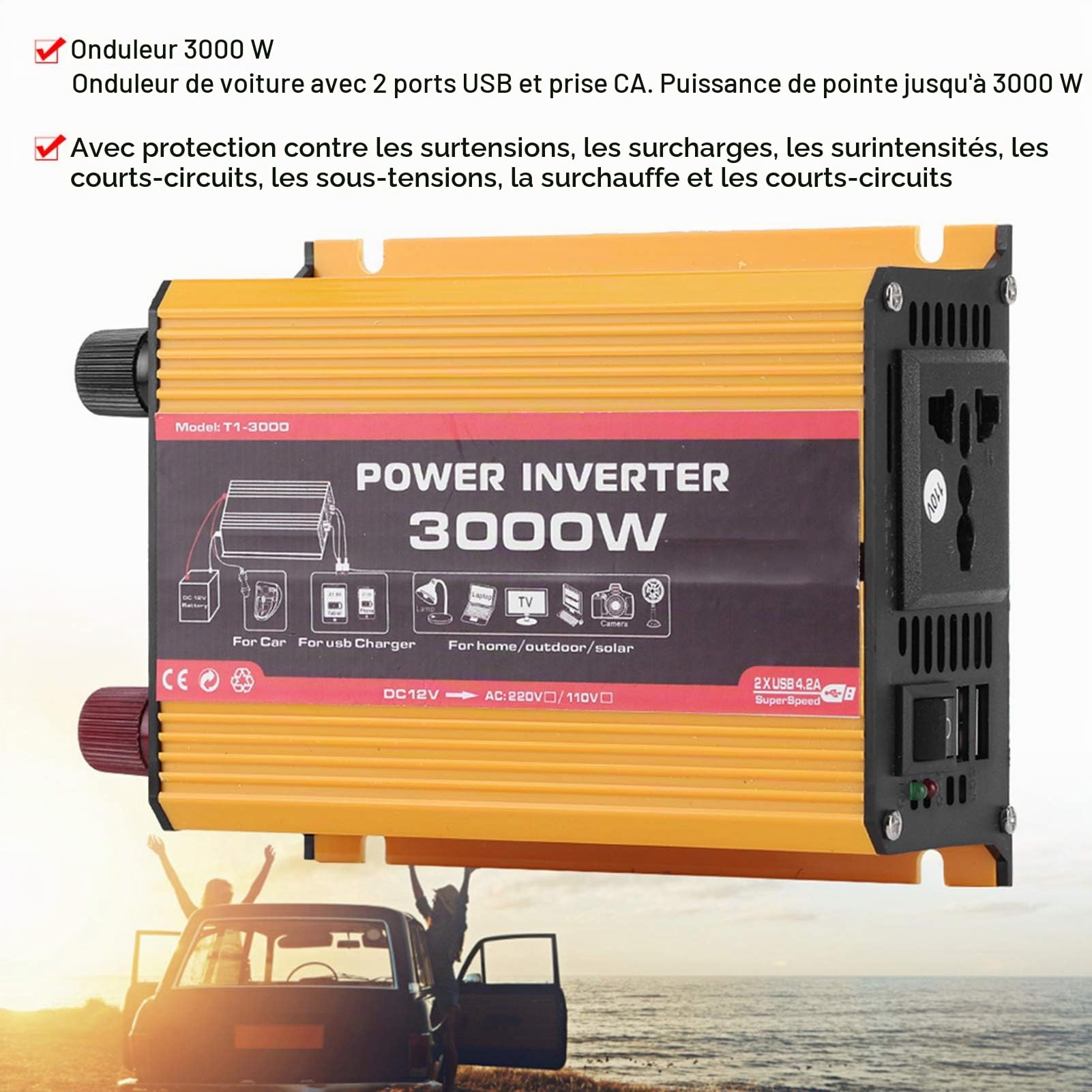 KIMISS Voiture onduleur 3000W Double convertisseur de Puissance Automatique USB transformateur à Onde sinusoïdale modifiée(AC 220V)