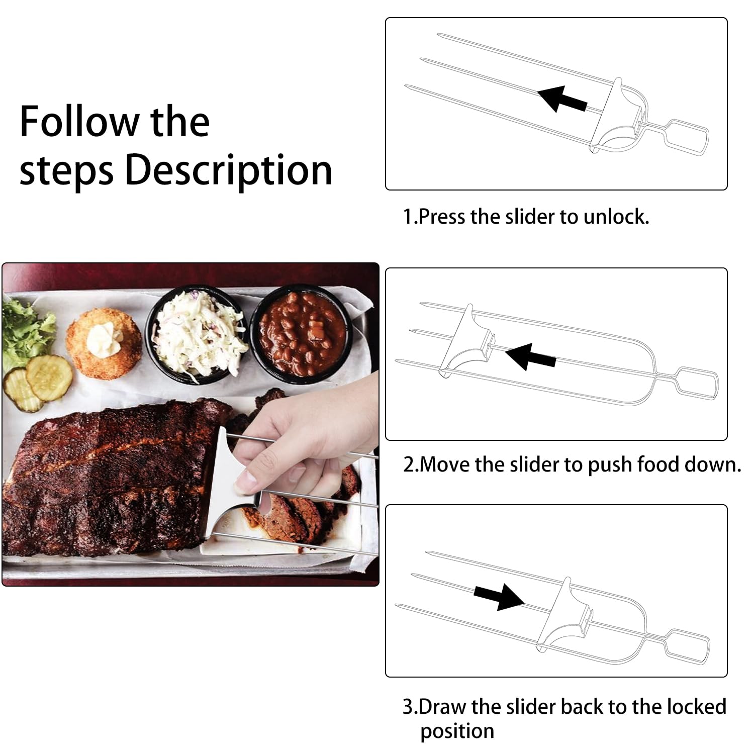 Pinchos de acero inoxidable de 3 puntas para barbacoa Pinchitos con barra deslizante, fácil extracción de alimentos, 2 pinchos, un cepillo para untar y bolsa de almacenamiento