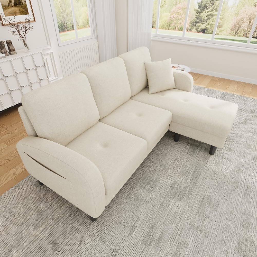 Sofá esquinero en forma de L con chaise longue, sofá de 3 plazas, 166 x 118 x 77 cm, tela transpirable de algodón y lino, patas de plástico, diseño modular, ideal para salas de estar (Beige