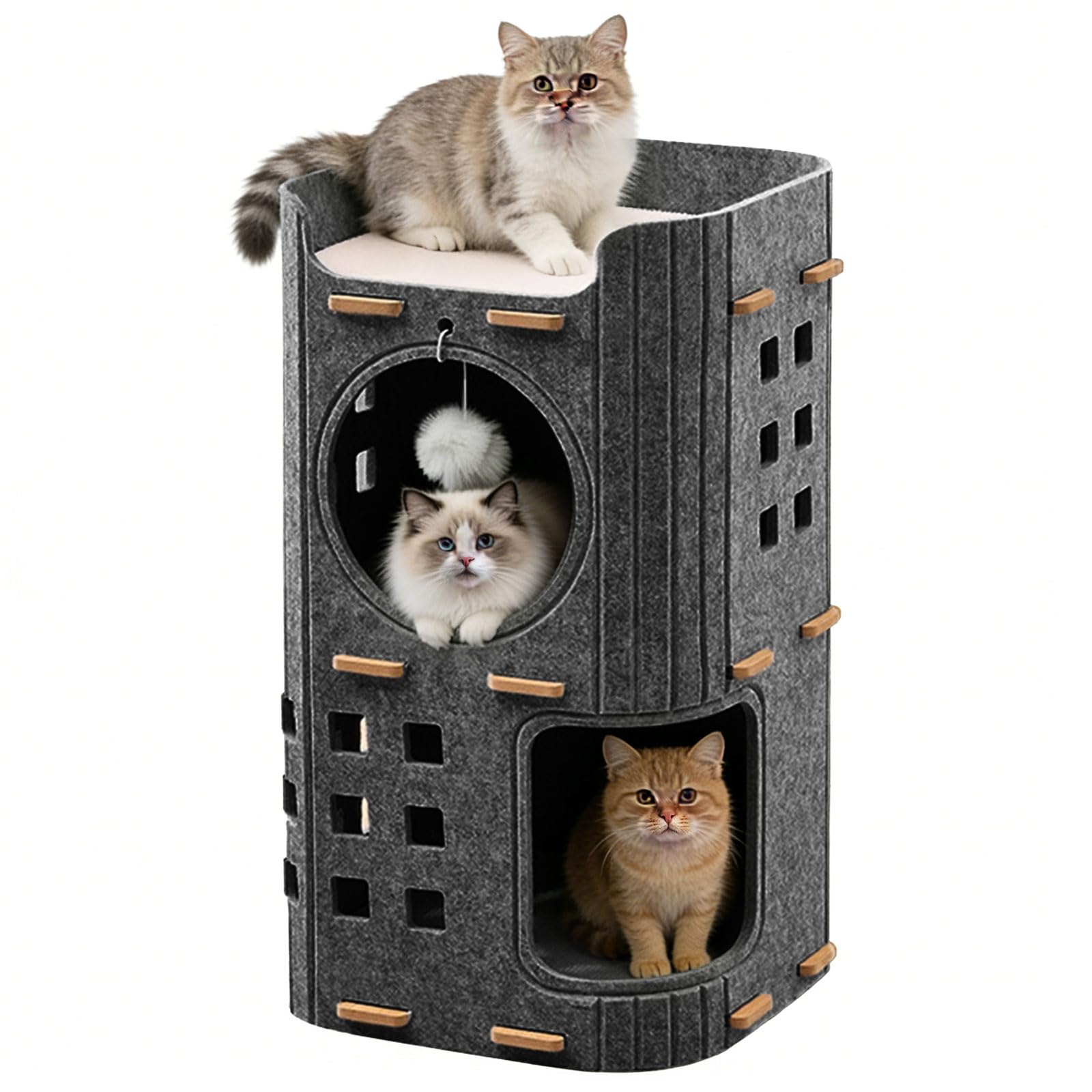 Niche pour chat en feutre, grand lit pour chat avec griffoir et balle de jeu, grotte pour l'intérieur des petits chats, protection des ongles de chat, cube d'intérieur pour chat, design chaud, gris
