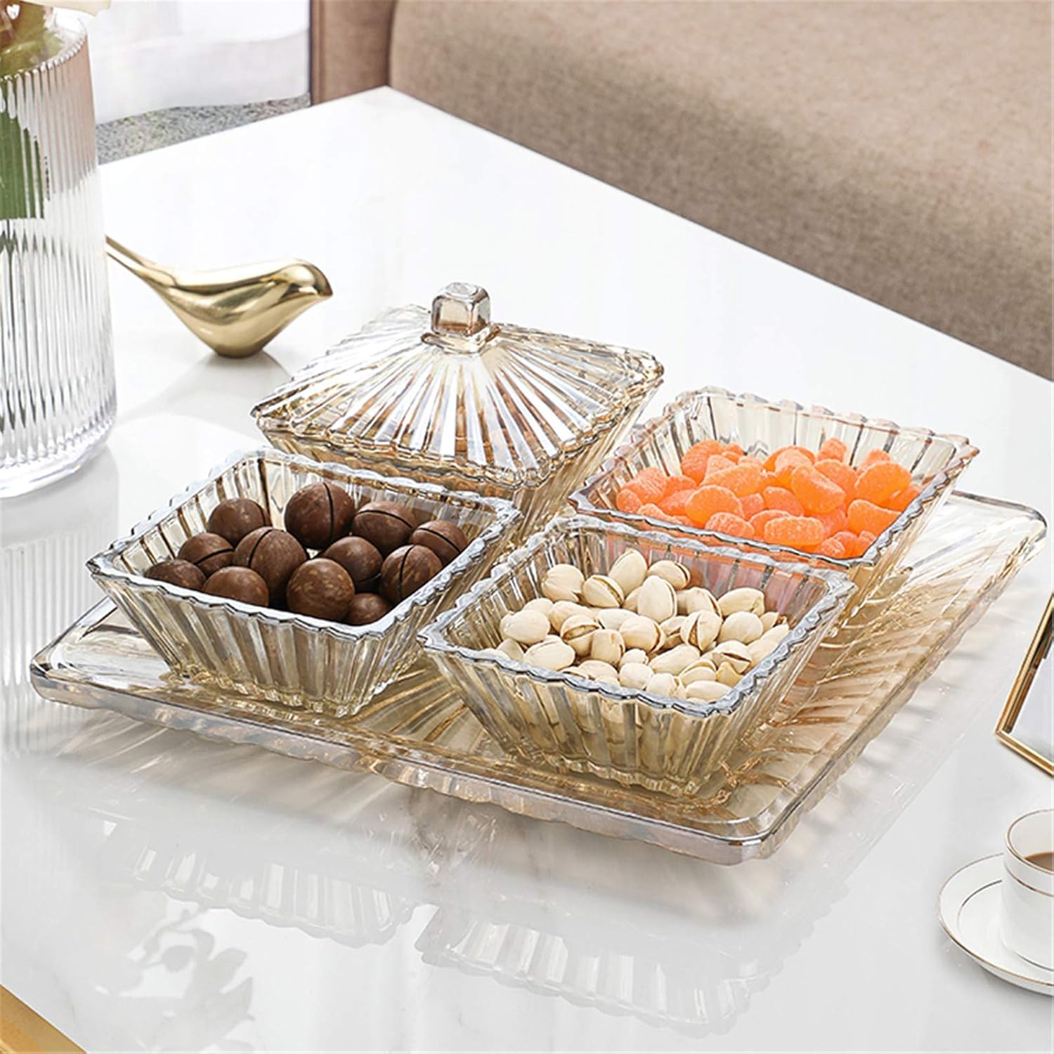 Snackschale aus Kristallglas, 4 Fächer, Obstteller, Küche, Serviergeschirr, Süßwaren, Snacks, getrocknete Früchte, Organisationsteller, Heimdekorationen
