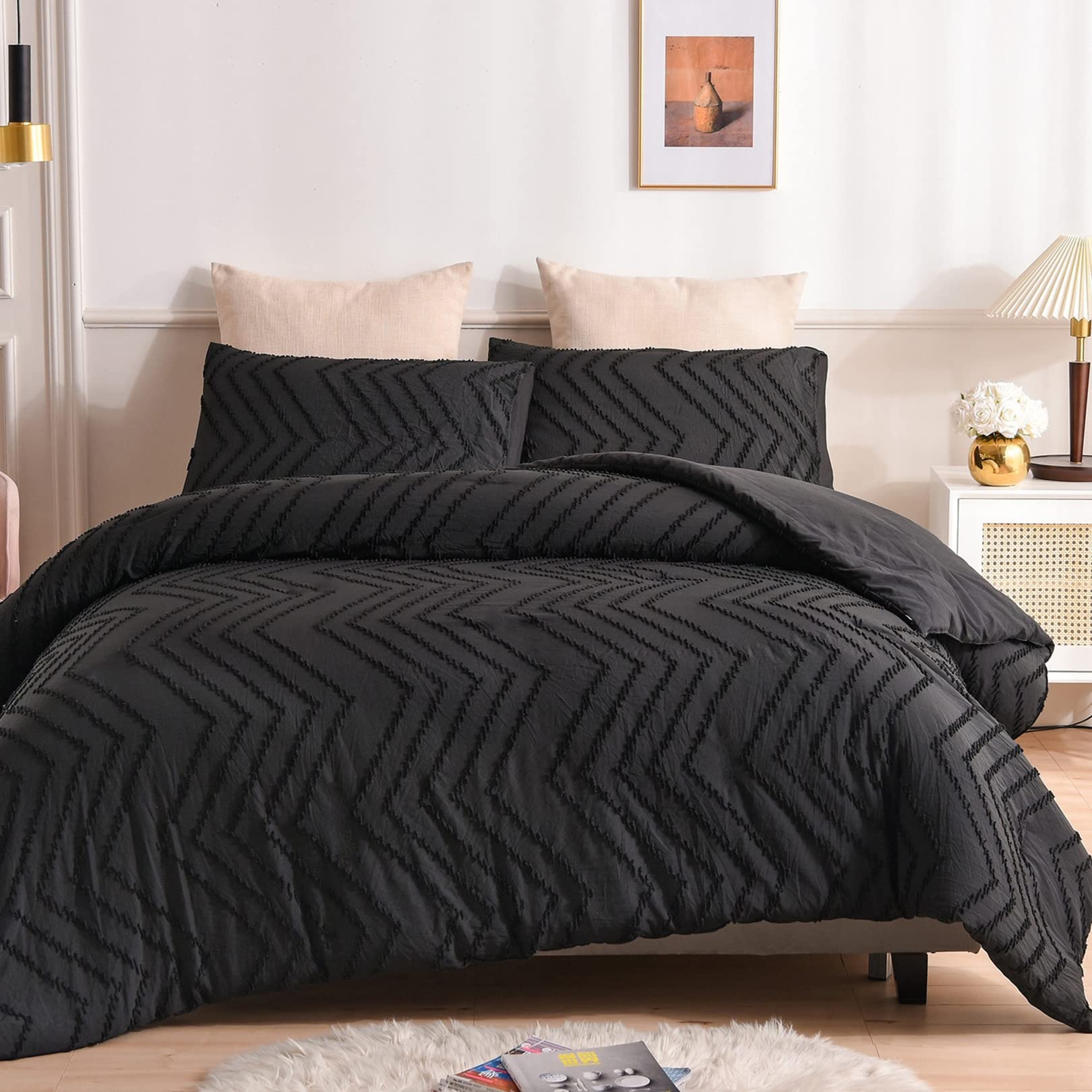 ALEjon Plisse Juego de Ropa de Cama Geométrica - Negro, 3 Piezas Juego de Funda Nórdica de Microfibra (1 Funda Nórdica, 2 Fundas de Almohada) - 220x240cm