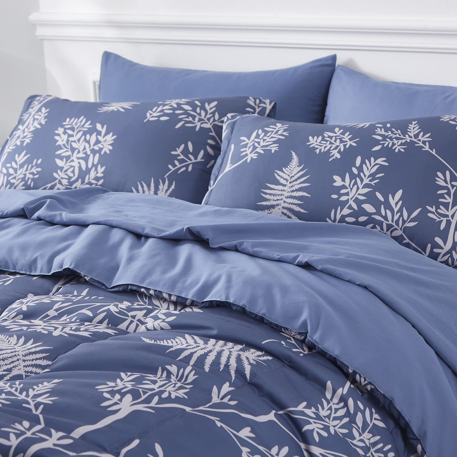 Yogeneg Botanical Queen Comforter Set,7 Piece Bed in a Bag,White Floral Leaves Print on Blue Reversible Design,Soft Microfiber Bedding Complete Set for All Season(Blue,Queen)
