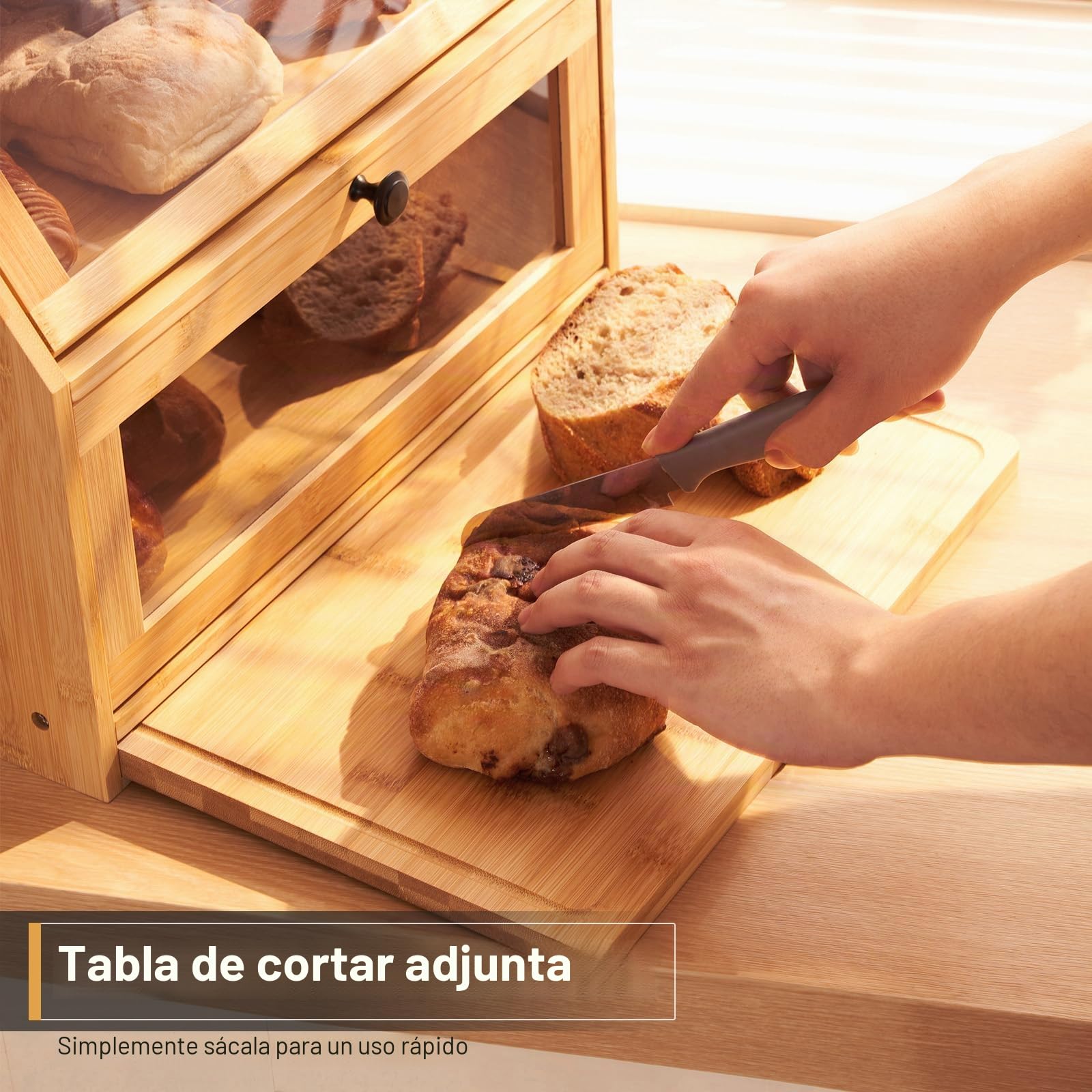 YOUDENOVA Panera Ecológica de Bambú Con Tabla de Cortar y Caja de Almacenamiento, Visualizada para Pan Tostado, 39 x 26 x 32,5 cm, Bambú Natural
