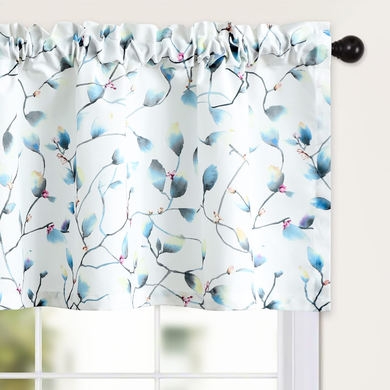 Leeva Simple Style Window Valances, Blue Flower Design Rod Pocket Solid Window Treatment Short Curtain Panel for Farmhouse, 1 Piece, W 52 x L 18