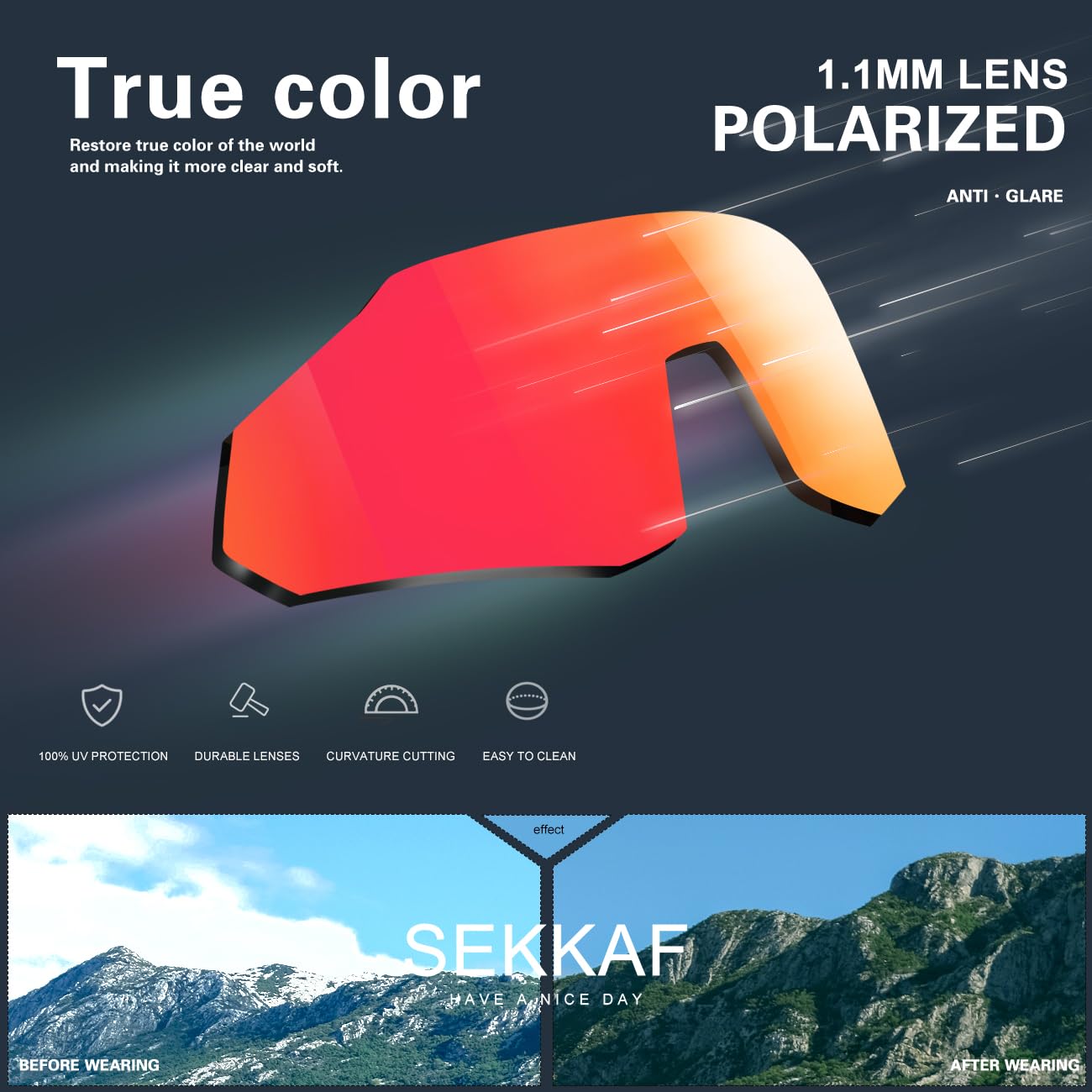 SEKKAF Lunettes de soleil de sport polarisées pour homme et femme, protection UV, légères, pour course à pied, cyclisme, plaquettes de nez antidérapantes