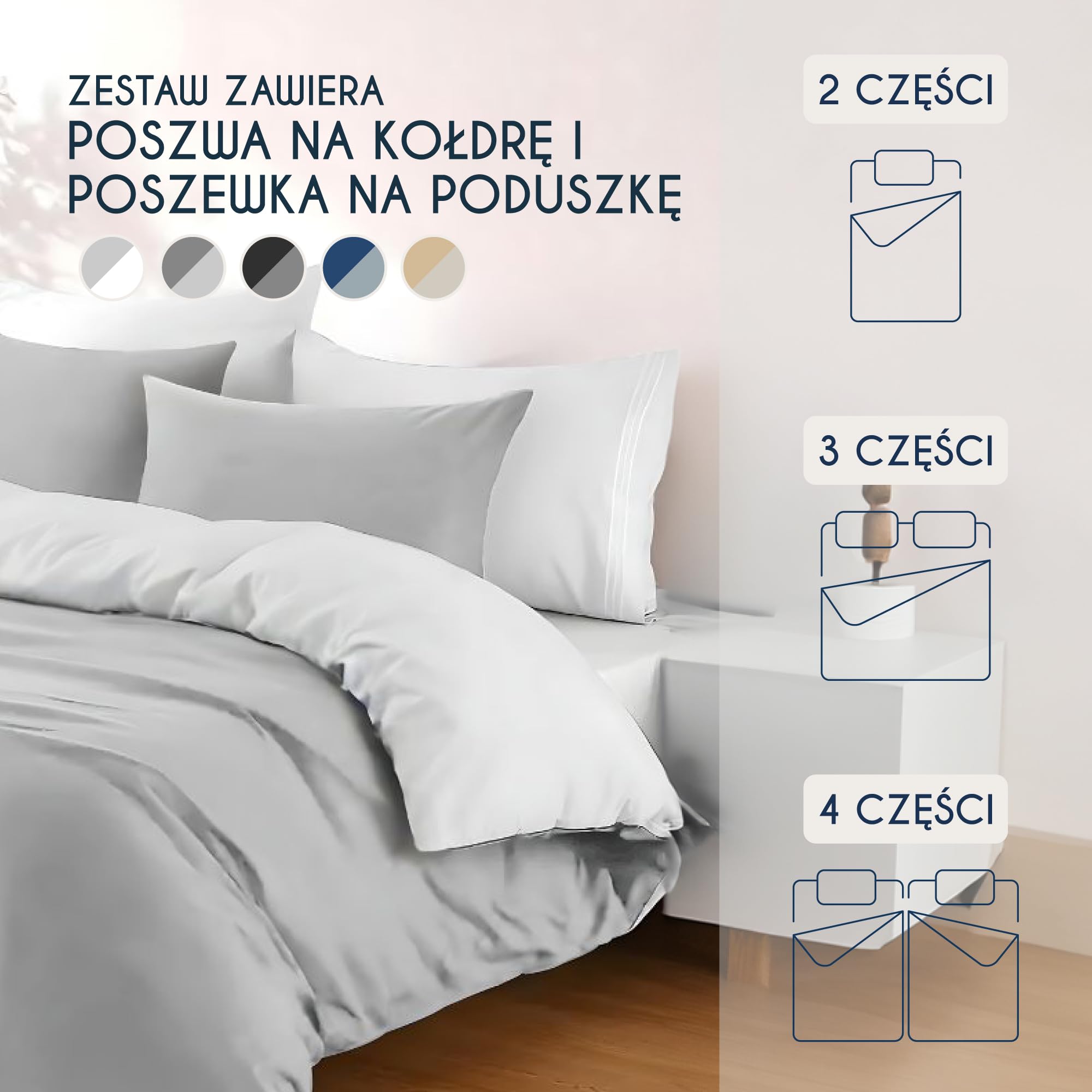 Dreamzie - Poszwa na kołdrę 260x240 cm z 2 poszewkami na poduszki 65x65 cm - Jasnoszary/Biały - Zestaw pościeli 260x240 ze 100% mikrofibry - 3 sztuki - Oeko TEX