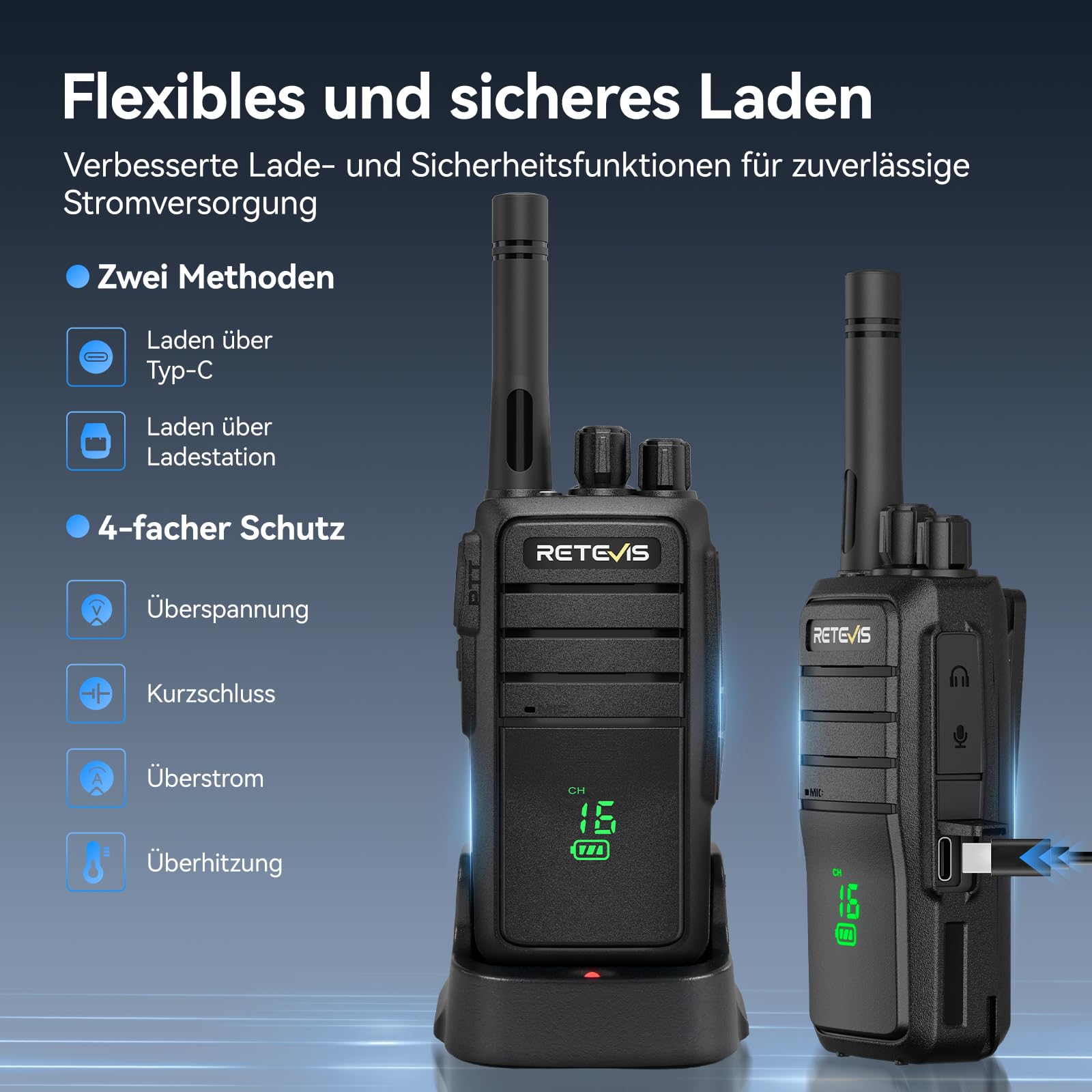 Retevis RT21H Walkie Talkie, IP54 Resistente all'Acqua Radio Bidirezionale Schermo Robusto e Invisibile Ricarica USB-C PMR446 Walkie Talkie a Lungo rRaggio Facili da Usare per Fabbriche(4 Pezzi,Nero)